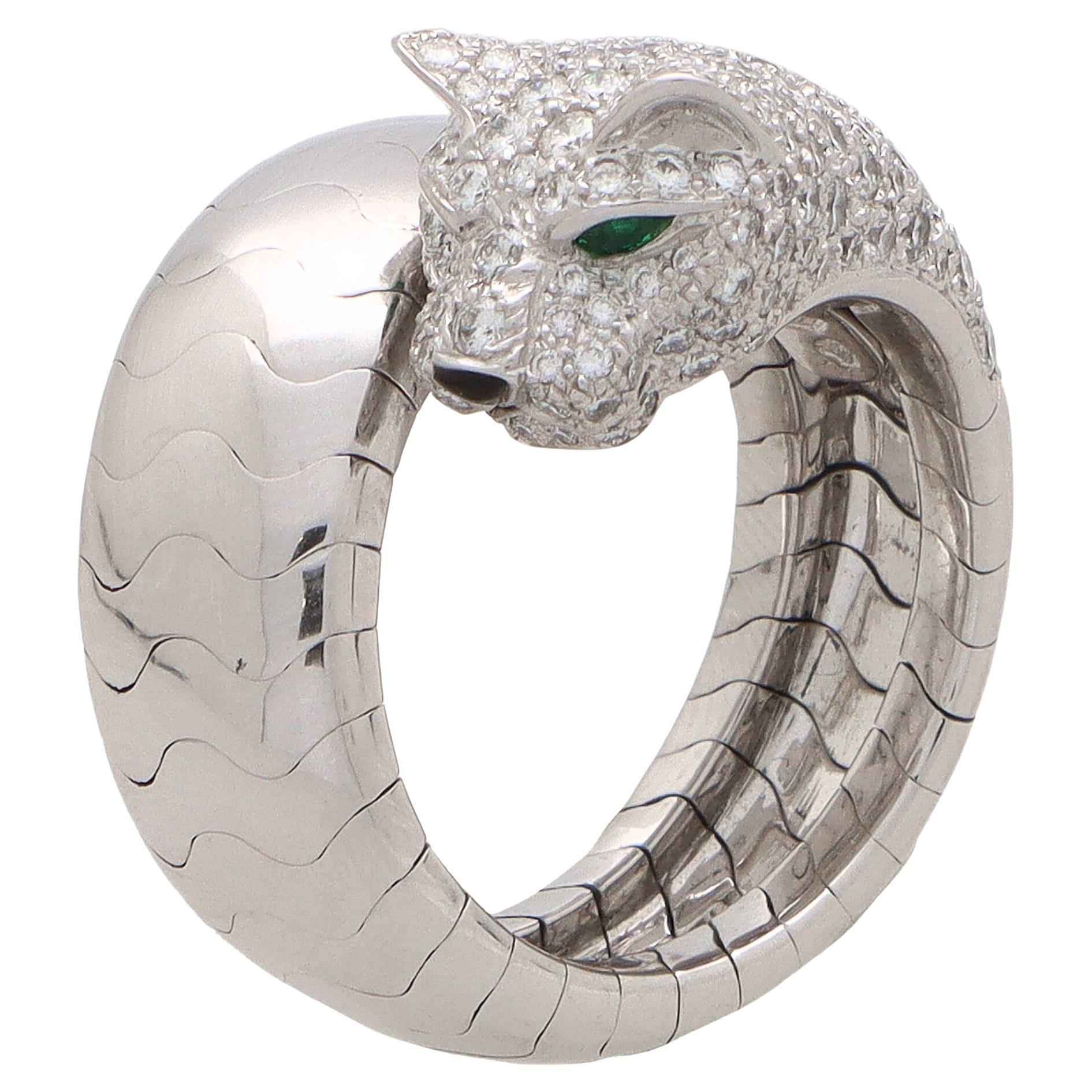 Vintage Cartier Panthere Lakarda Diamond and Emerald Panther Ring in White Gold For Sale