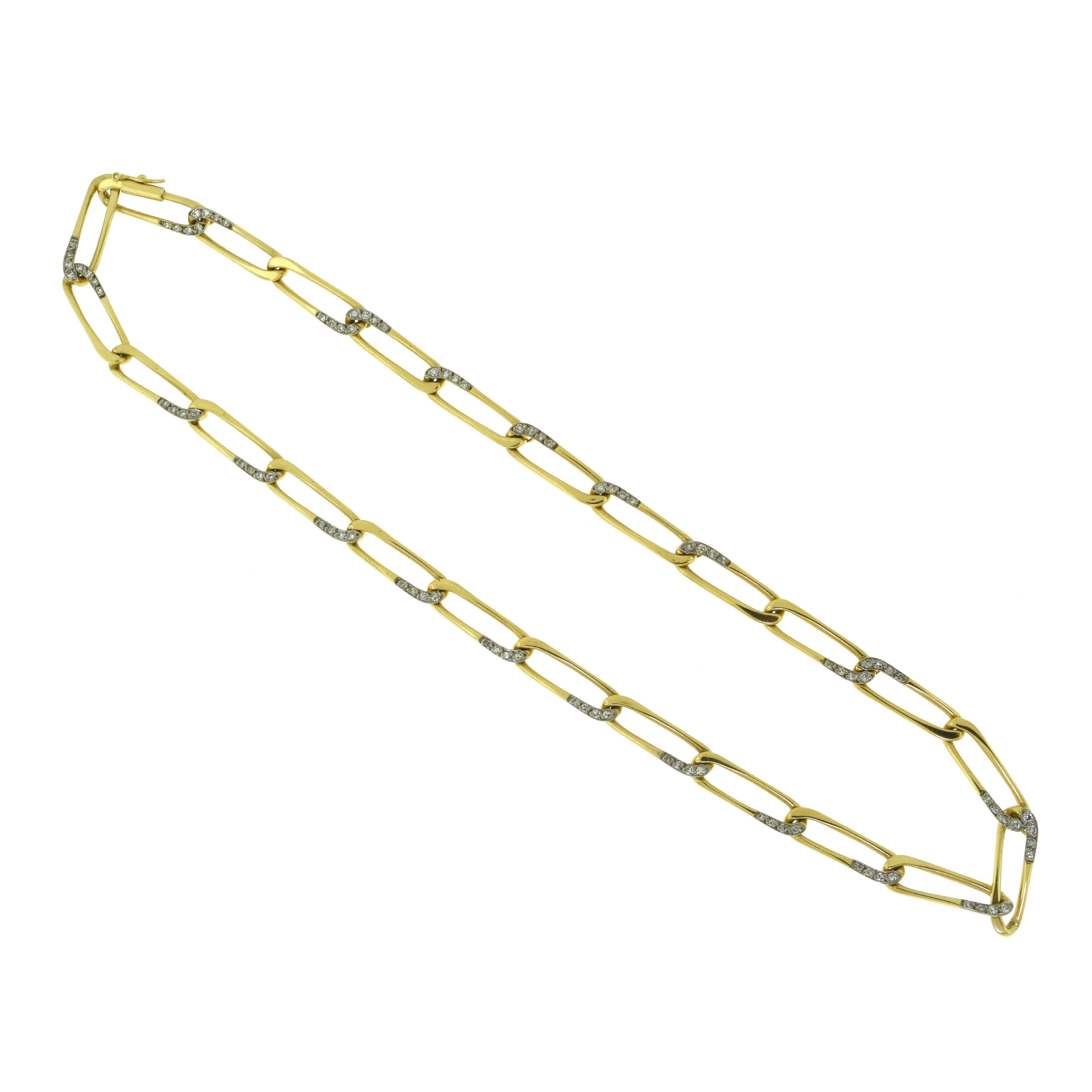 Vintage Cartier Paper Clip Half Diamonds Twist Chain Link Yellow Gold Necklace For Sale