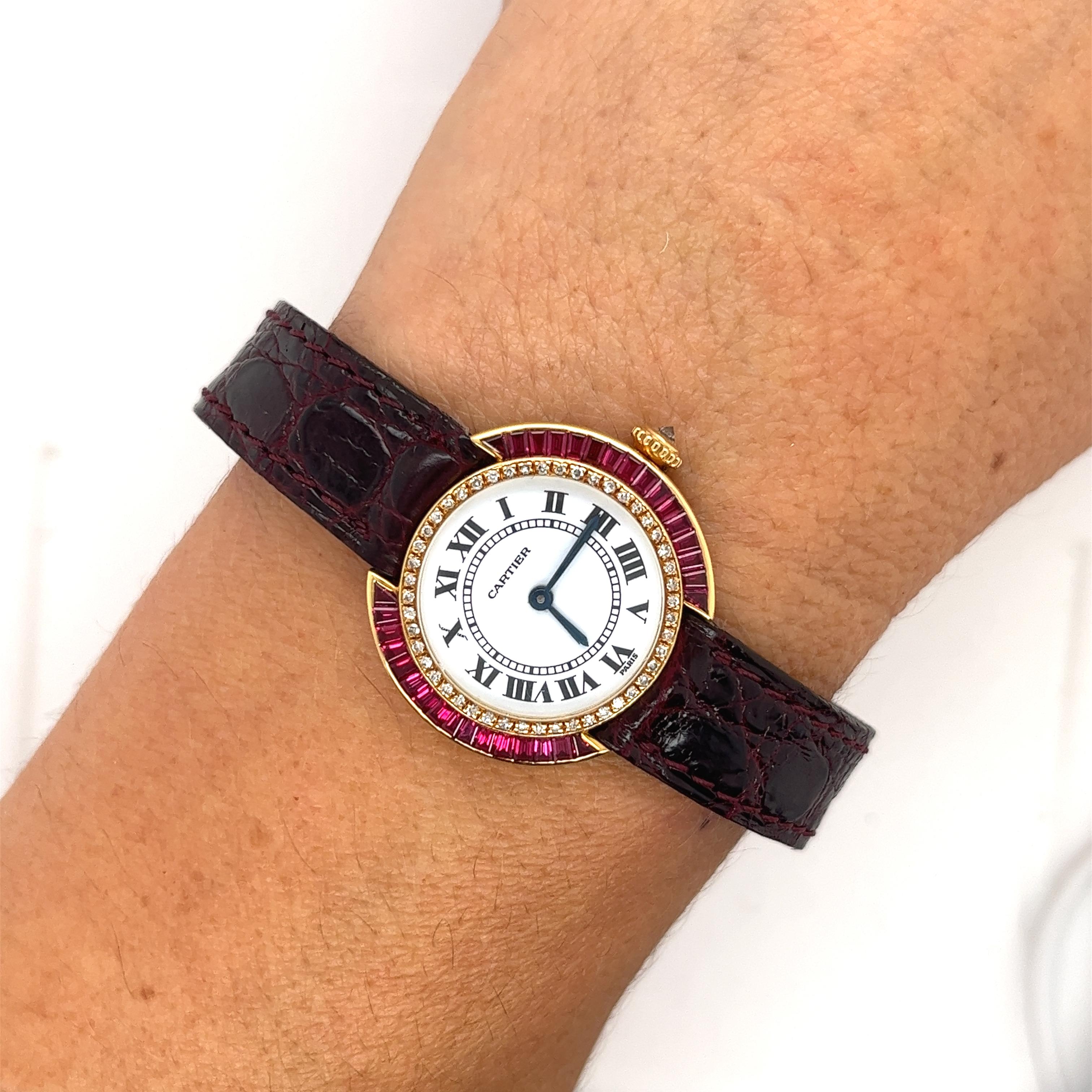 Art Deco Vintage Cartier Paris 18K Gold & Leather 28mm Manual Wind Ruby and Diamond Watch