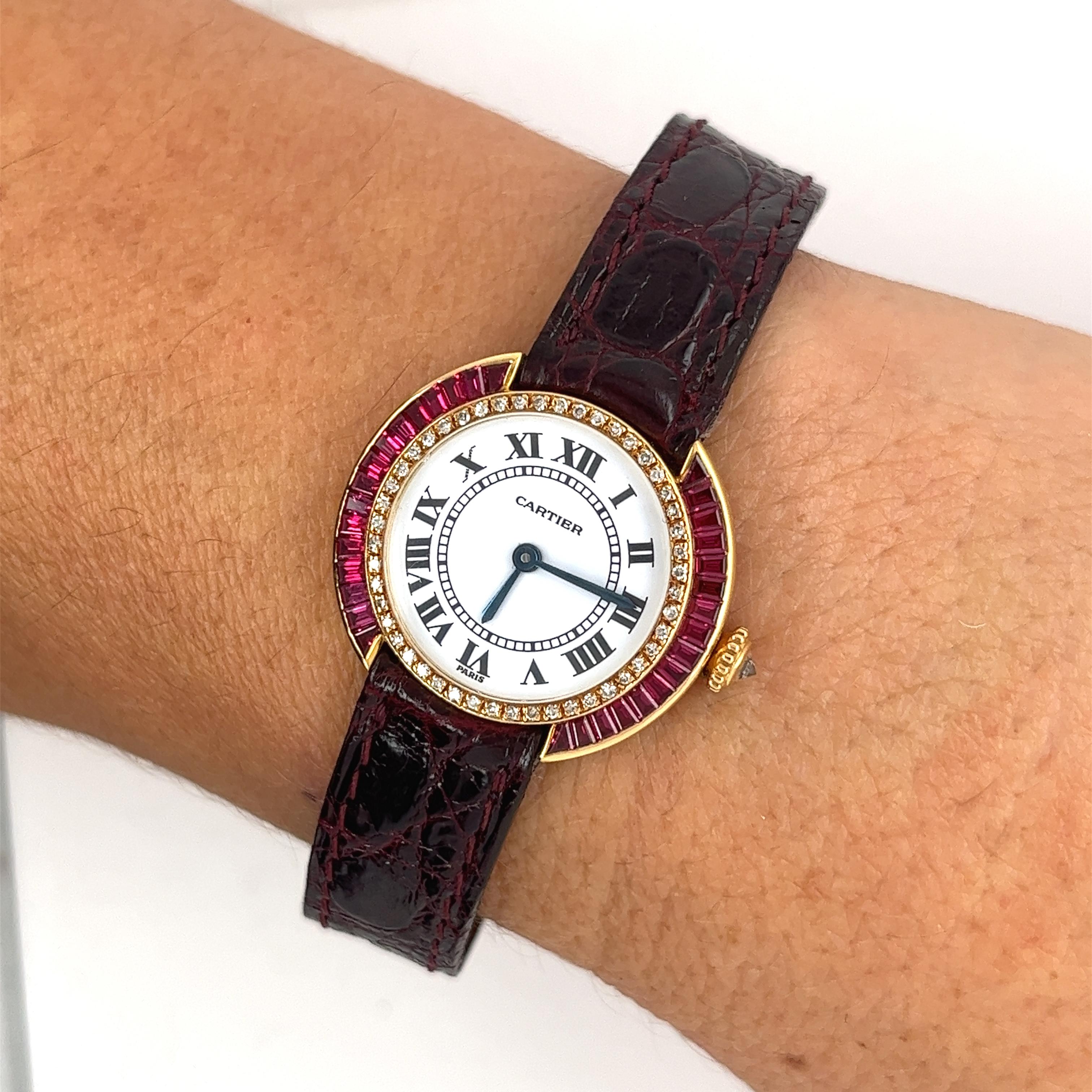 Baguette Cut Vintage Cartier Paris 18K Gold & Leather 28mm Manual Wind Ruby and Diamond Watch