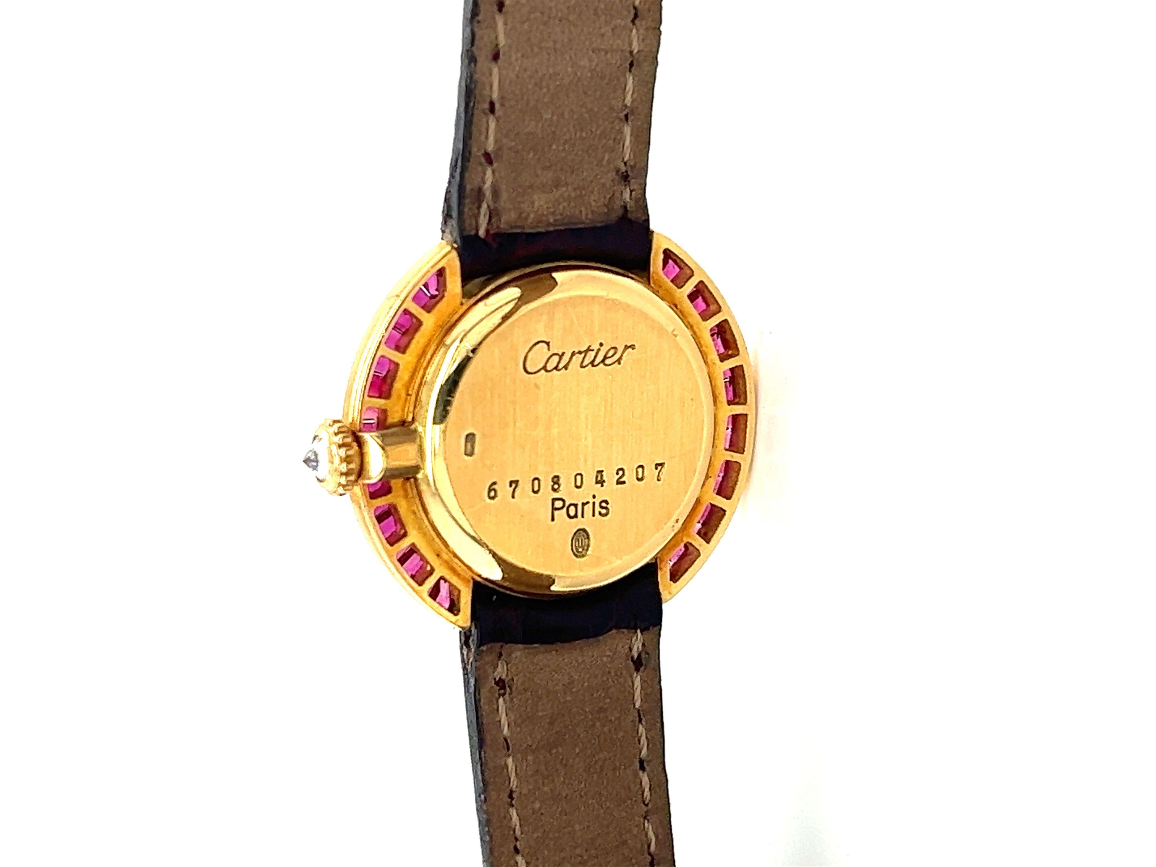 Vintage Cartier Paris 18K Gold & Leather 28mm Manual Wind Ruby and Diamond Watch In Excellent Condition In Miami, FL