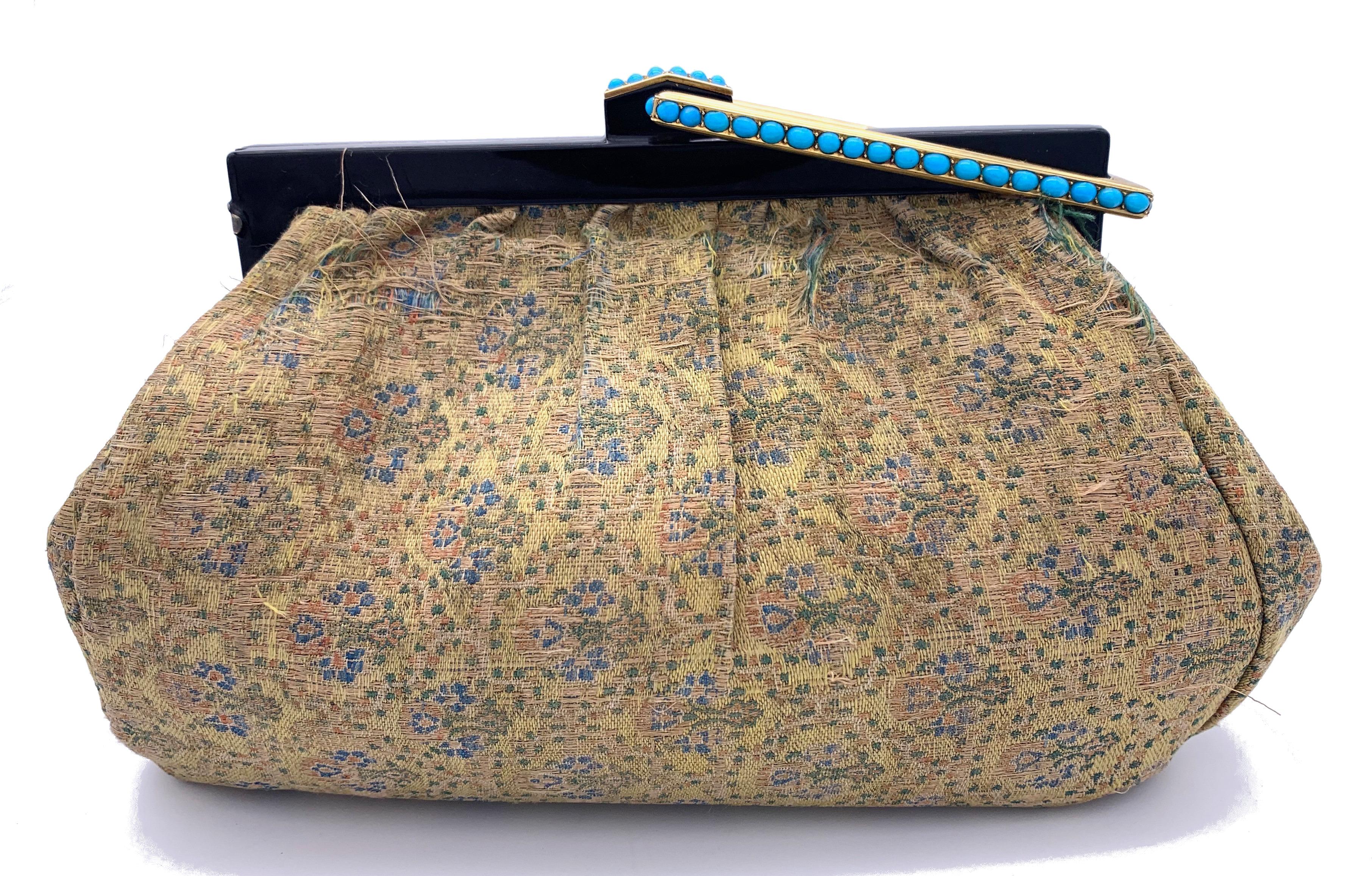 Vintage Cartier Paris Art Deco Clutch Hand Bag Gold Turquoise Silk Enamel In Fair Condition In Munich, Bavaria