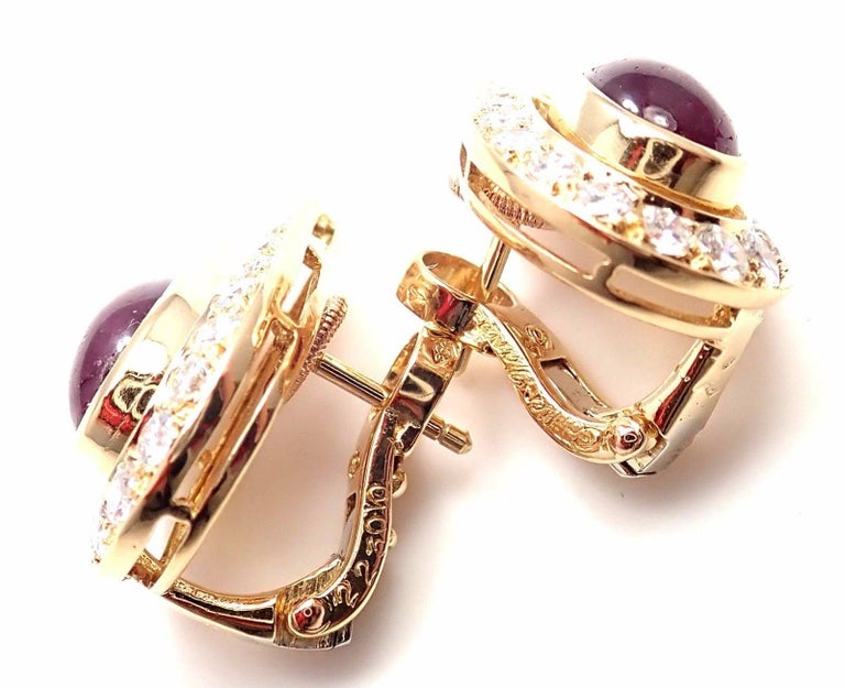 Vintage Cartier Paris Diamond Cabochon Ruby Yellow Gold Earrings at