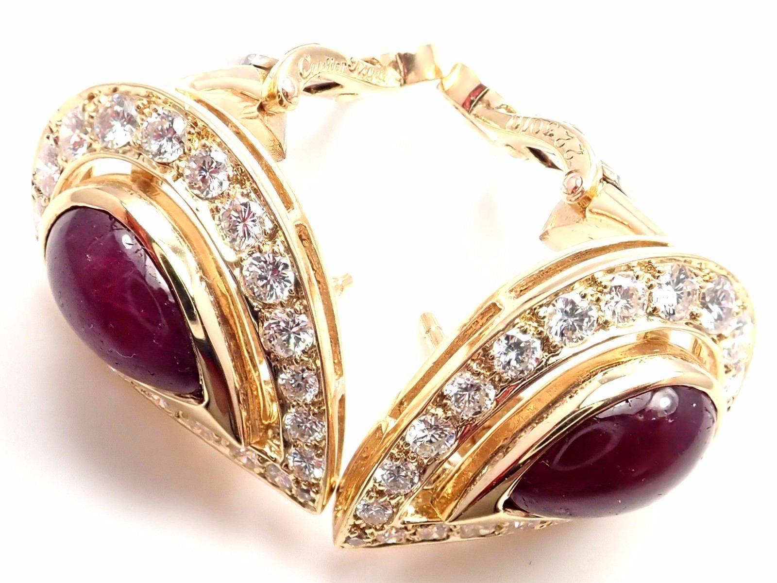 Vintage Cartier Paris Diamond Cabochon Ruby Yellow Gold Earrings 1