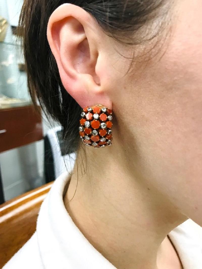 Vintage Cartier Paris Diamond Coral Earrings 18k Gold Huggies 5
