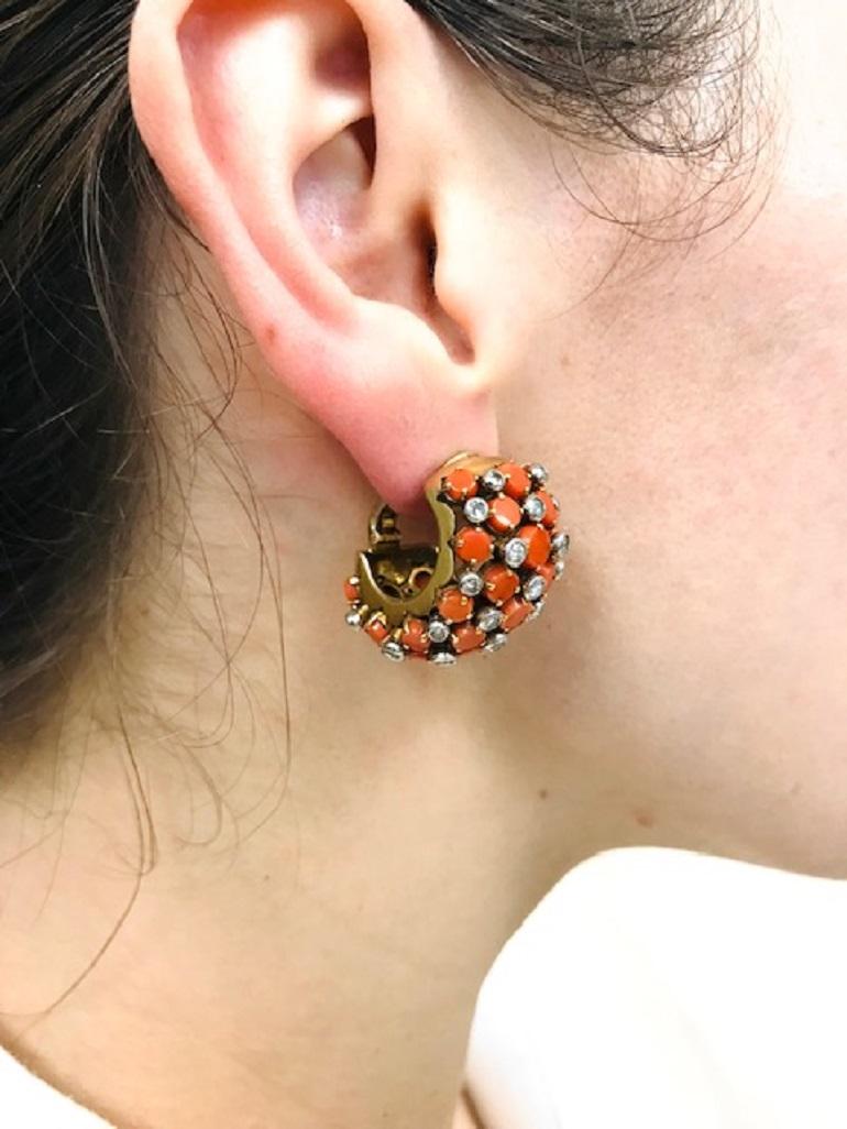 Vintage Cartier Paris Diamond Coral Earrings 18k Gold Huggies 6