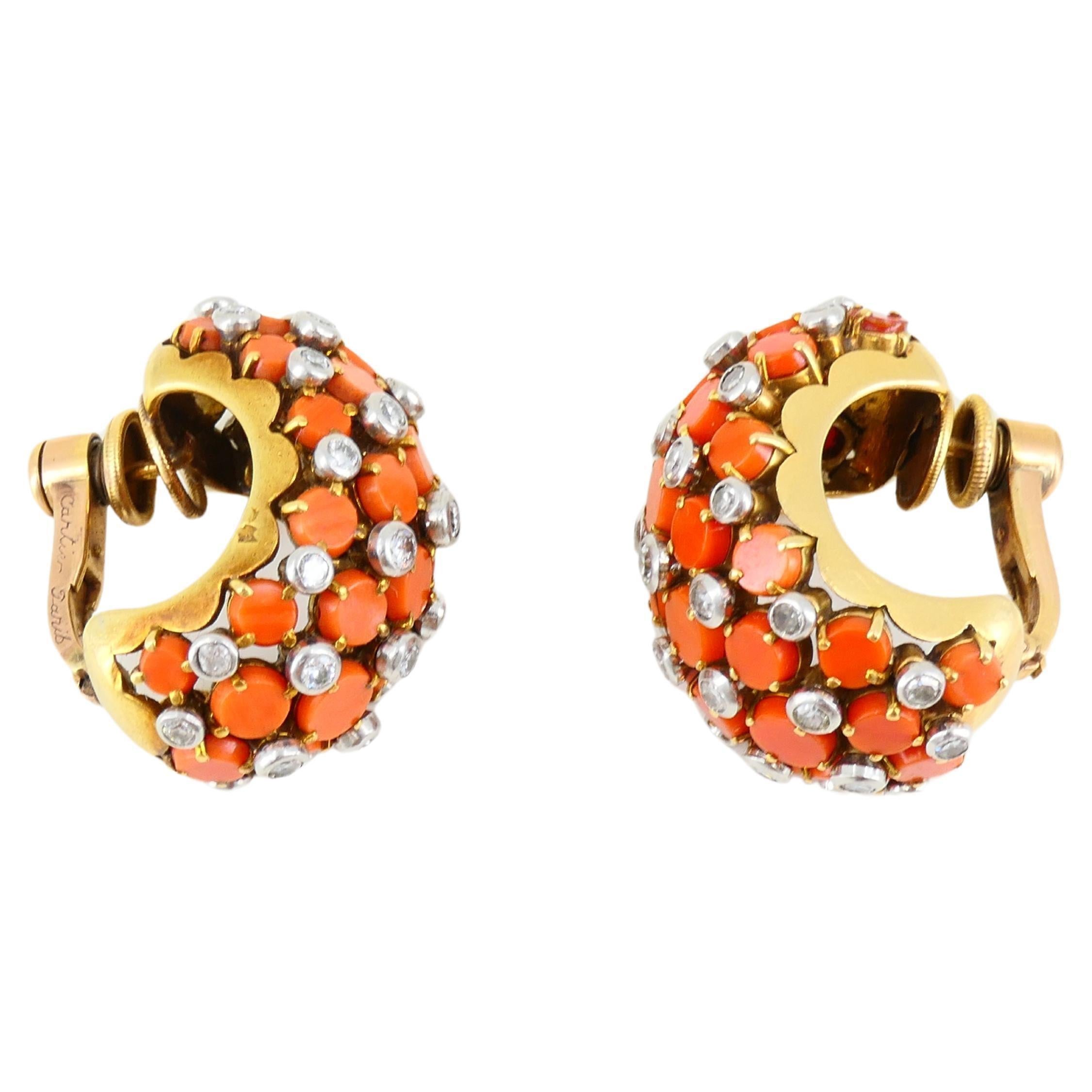 Round Cut Vintage Cartier Paris Diamond Coral Earrings 18k Gold Huggies