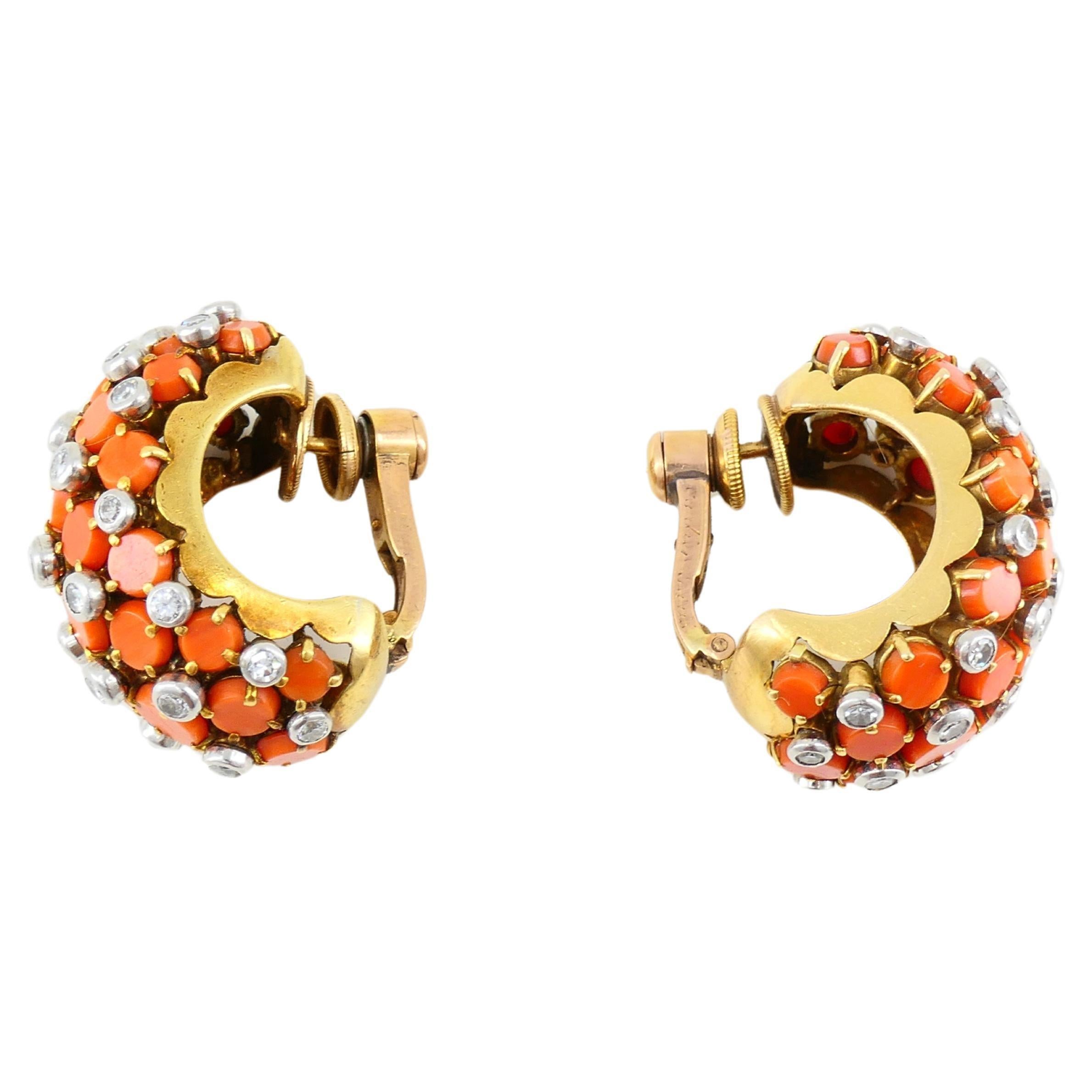 Women's Vintage Cartier Paris Diamond Coral Earrings 18k Gold Huggies