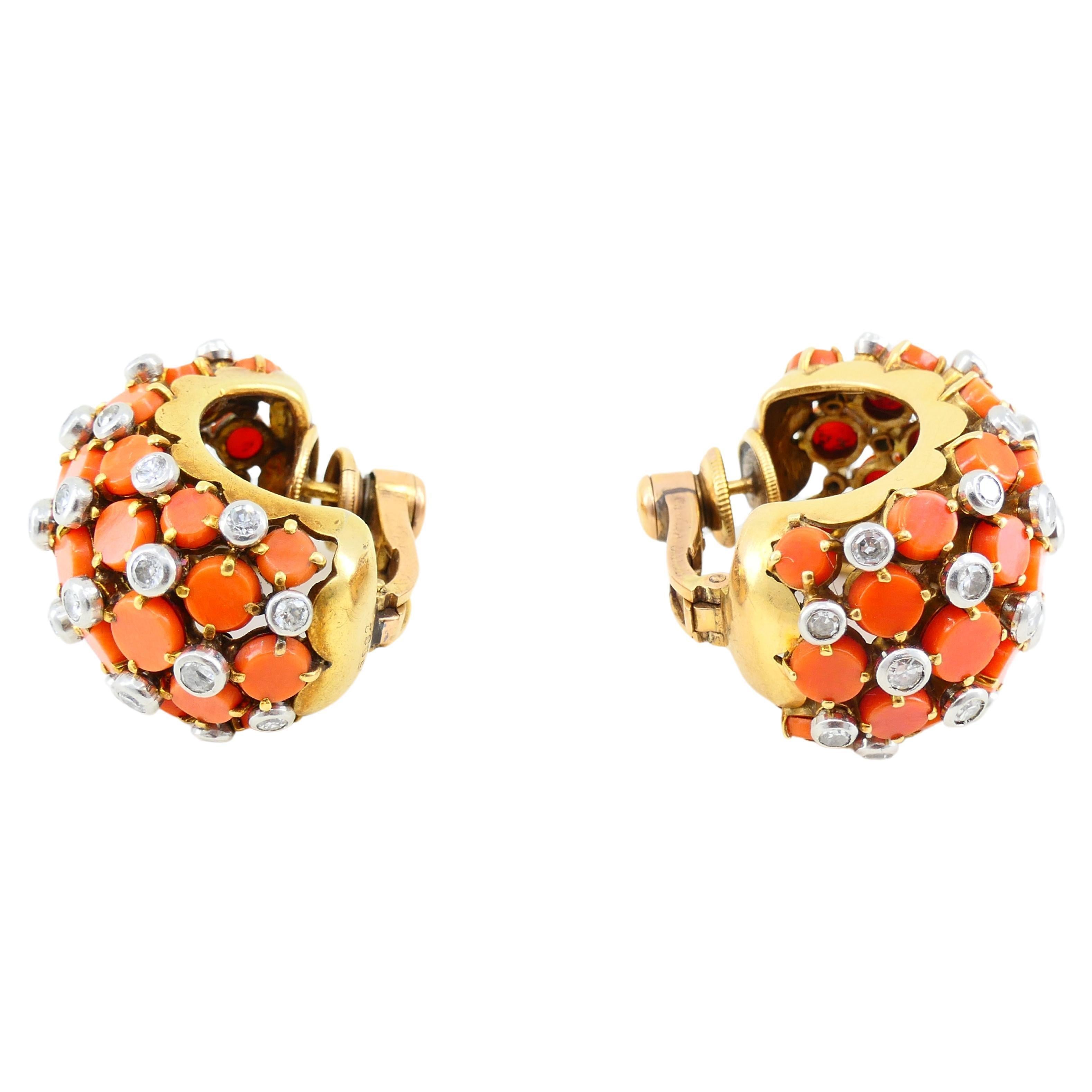 Vintage Cartier Paris Diamond Coral Earrings 18k Gold Huggies 1