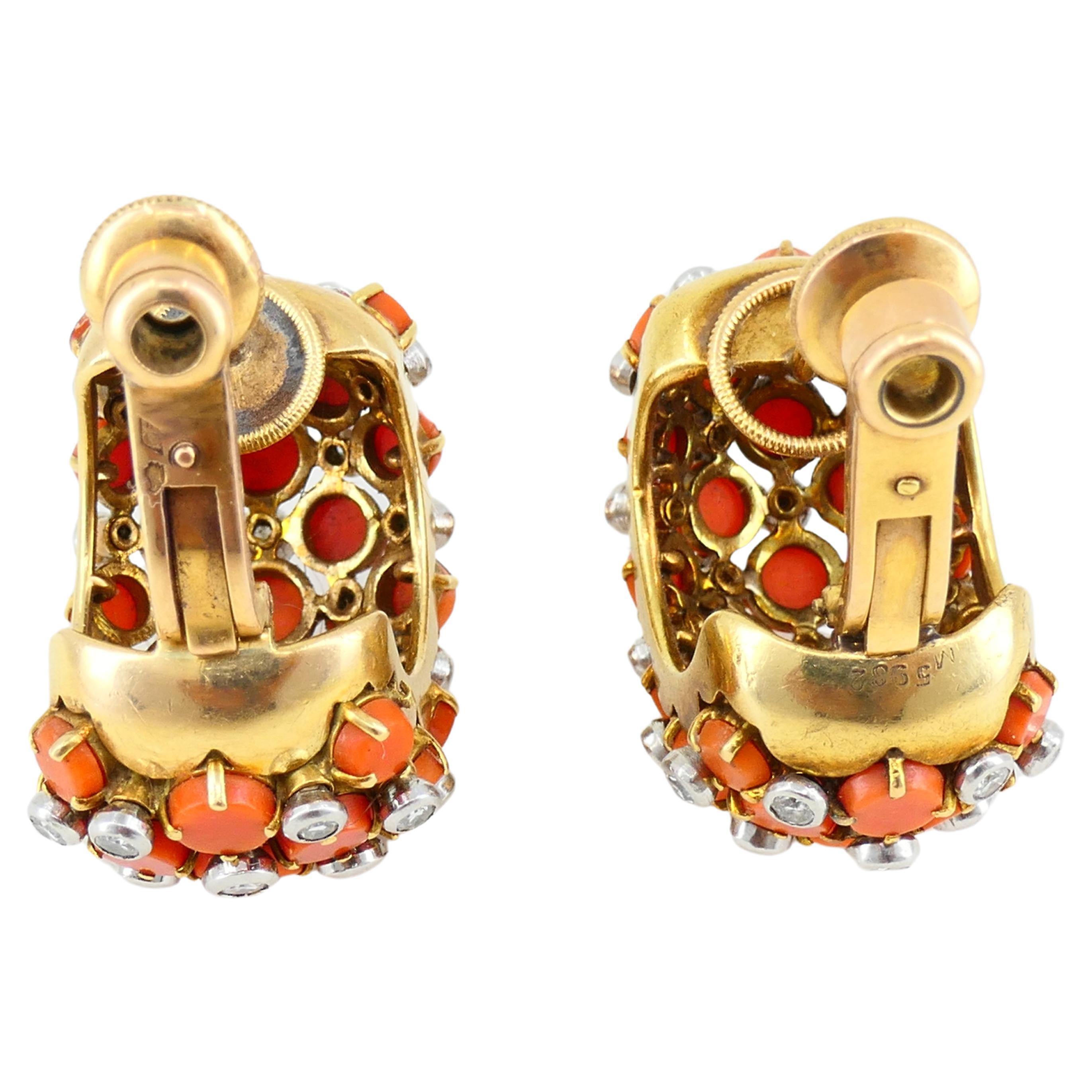Vintage Cartier Paris Diamond Coral Earrings 18k Gold Huggies 2