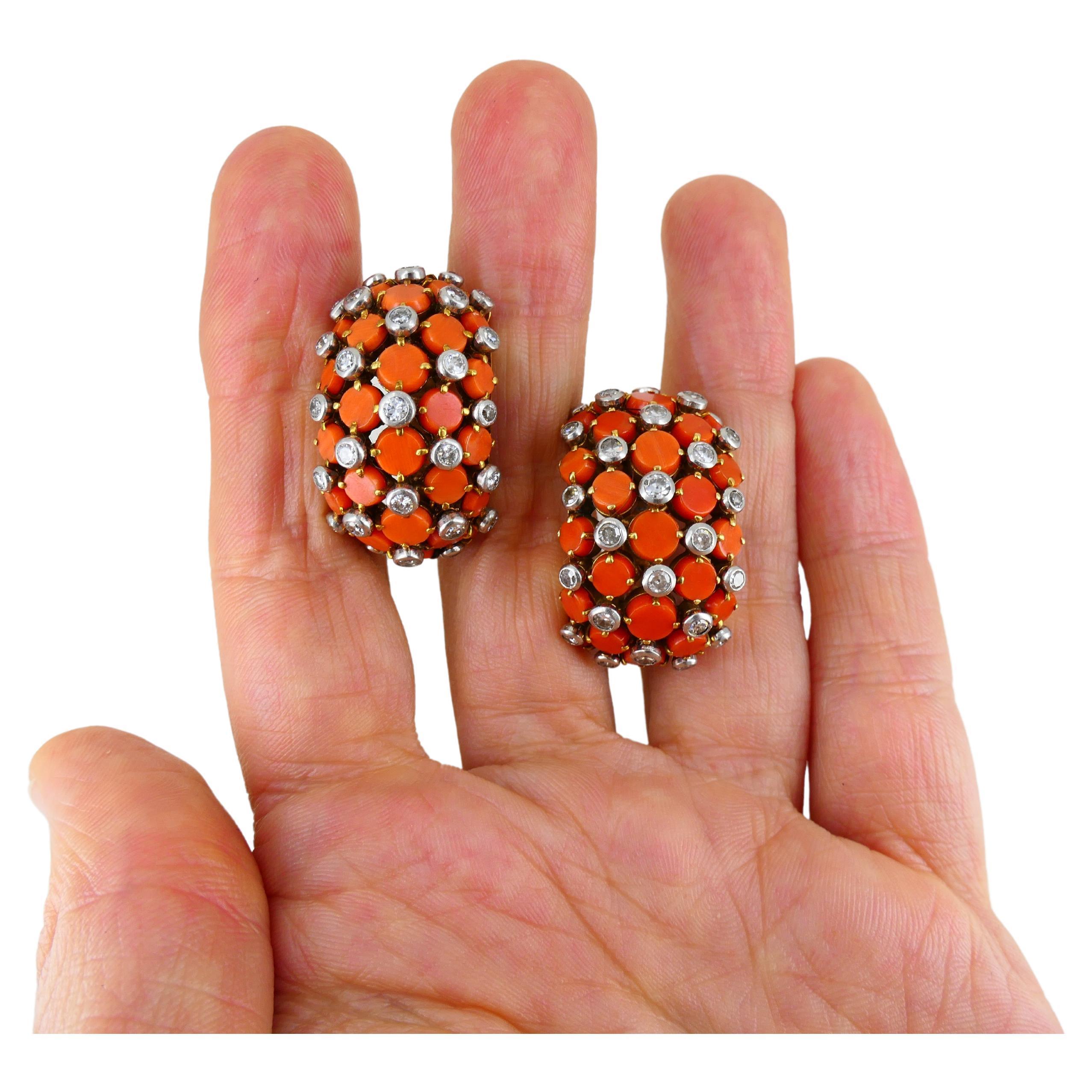 Vintage Cartier Paris Diamond Coral Earrings 18k Gold Huggies 3