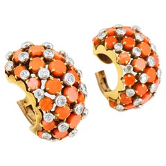Vintage Cartier Paris Diamond Coral Earrings 18k Gold Huggies