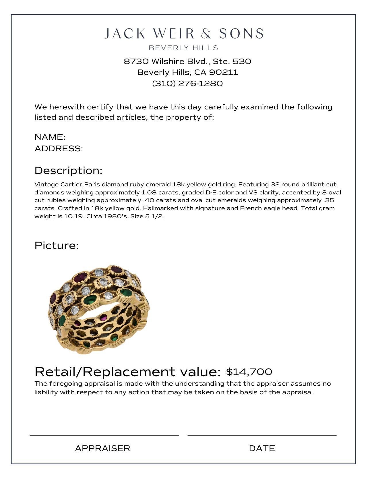 Anello vintage Cartier Paris con diamante, rubino e smeraldo in oro giallo 18 ct. In condizioni buone in vendita a Beverly Hills, CA