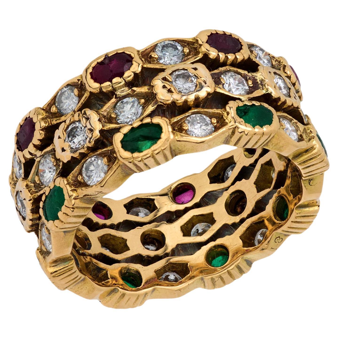 Vintage Cartier Paris Diamant-Rubin-Smaragd-Diamant-Ring aus 18 Karat Gelbgold mit drei Bändern
