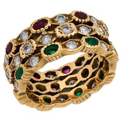 Vintage Cartier Paris diamond ruby emerald 18k yellow gold three band ring