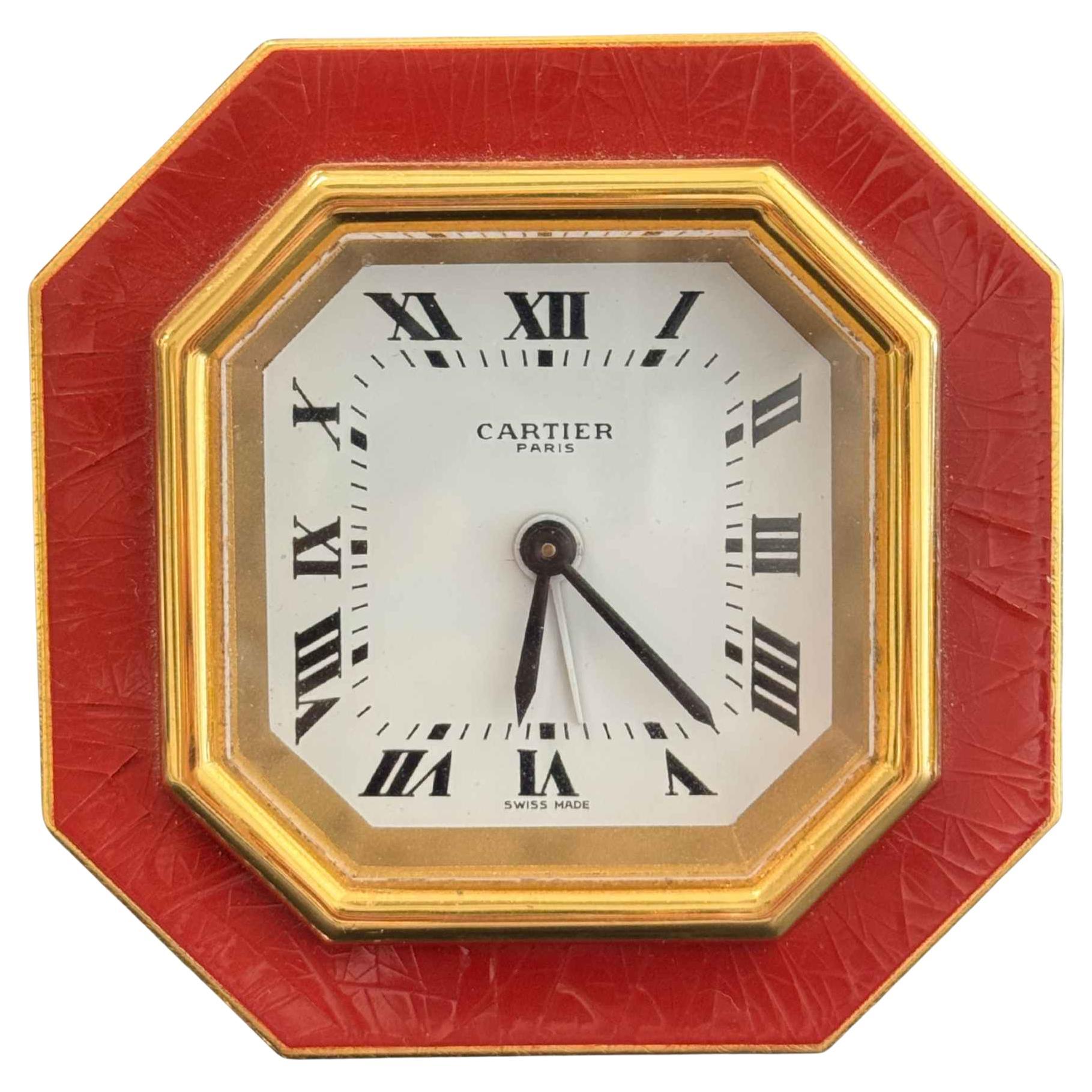 Vintage Cartier Paris Enamel Gold Plated Brass Manual Table Clock