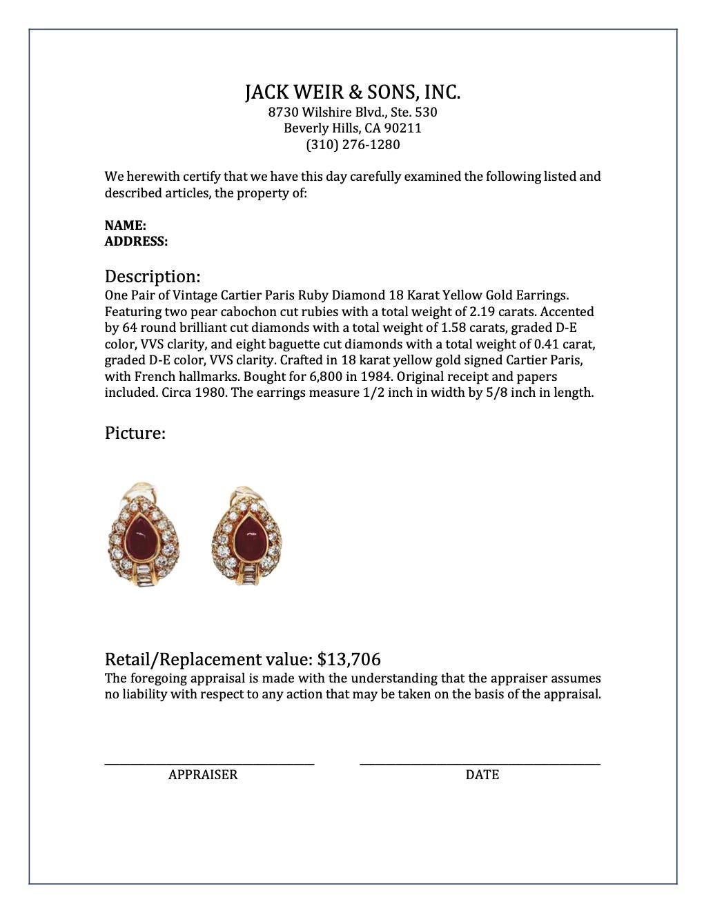 Vintage Cartier Paris Ruby Diamond 18 Karat Yellow Gold Earrings 2