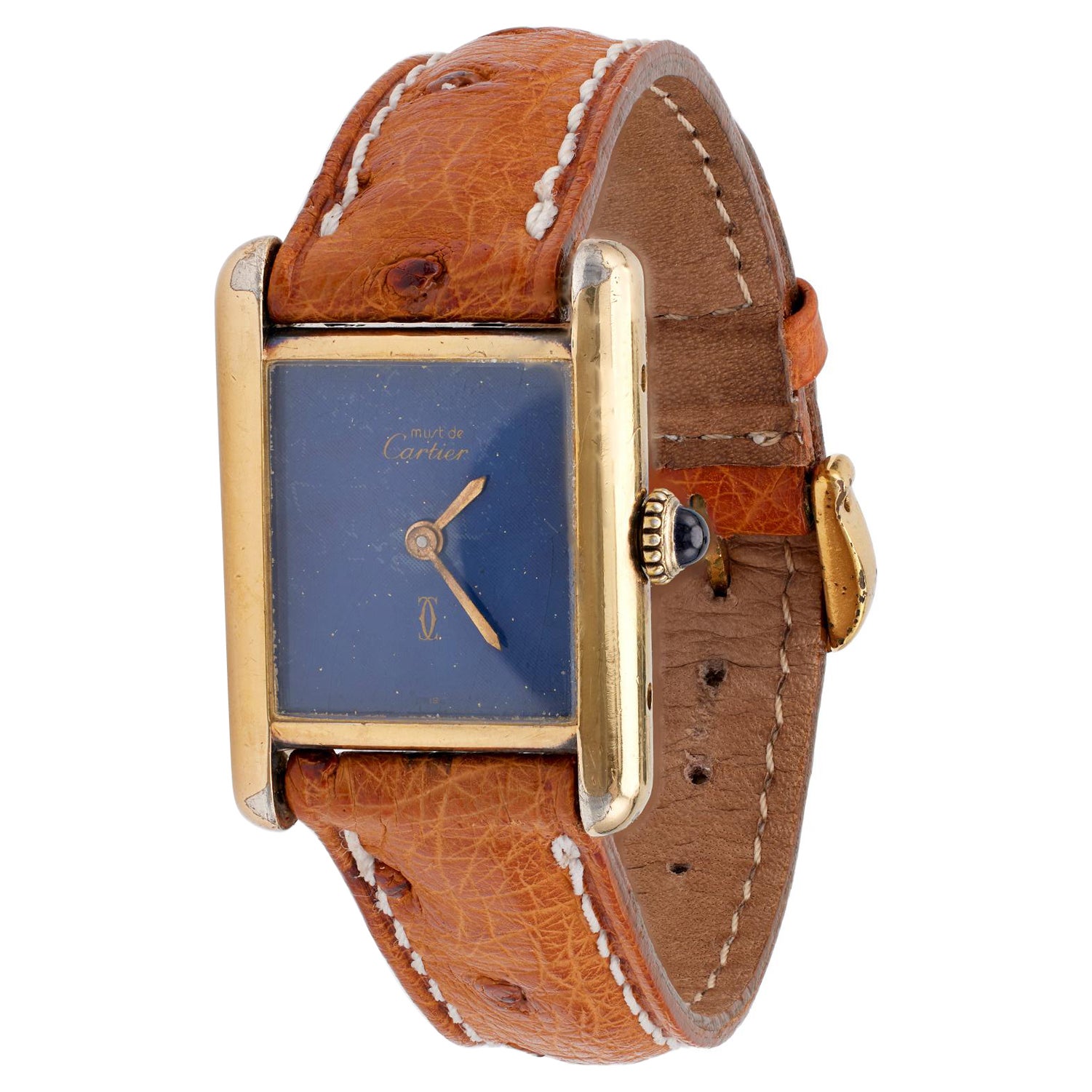 Vintage Cartier Paris Silver Gold Vermeil Leather Strap Must De Cartier Watch For Sale