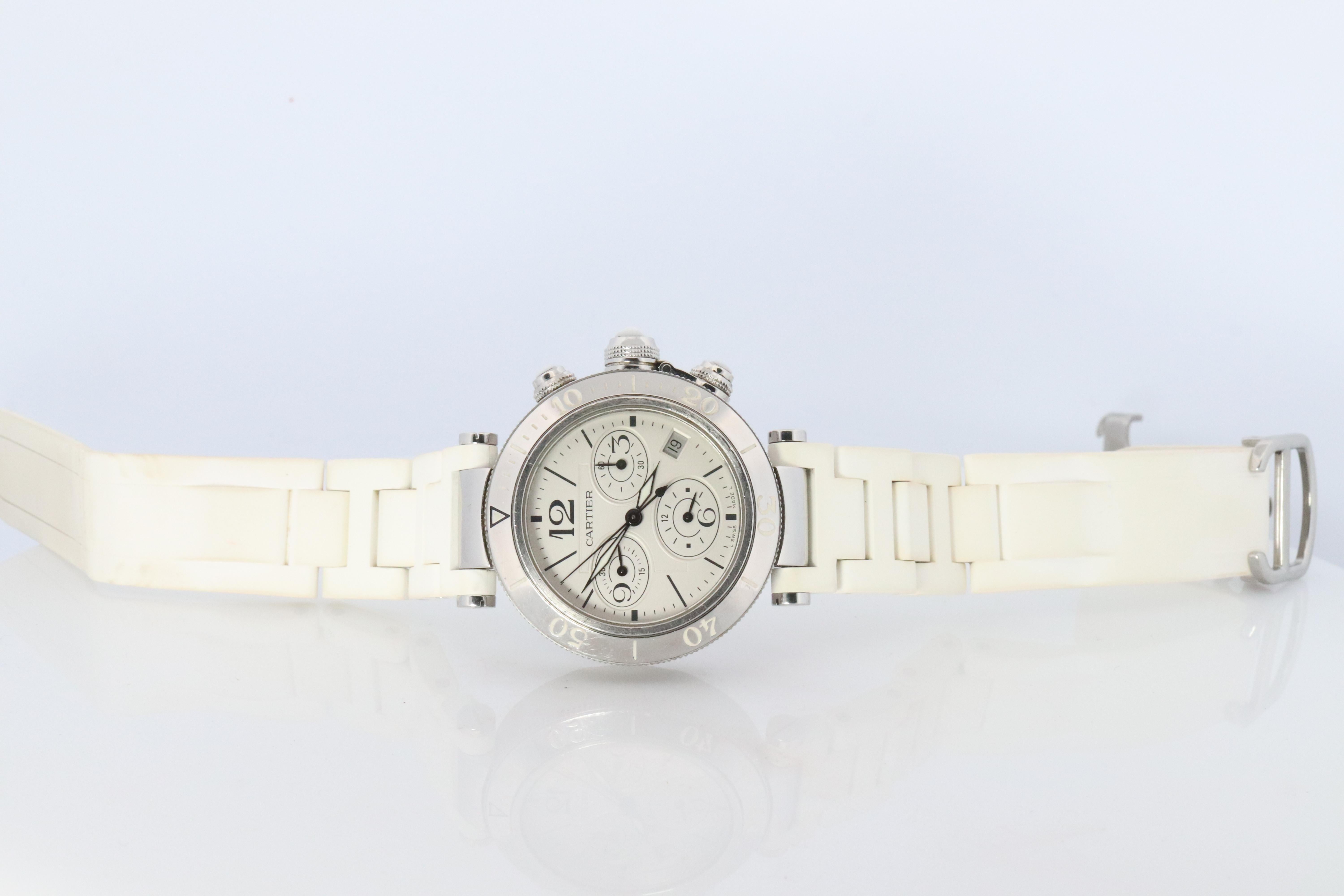 Vintage Cartier PASHA 38mm 3129 Cronógrafo. Rara esfera blanca W3140004. en venta 6