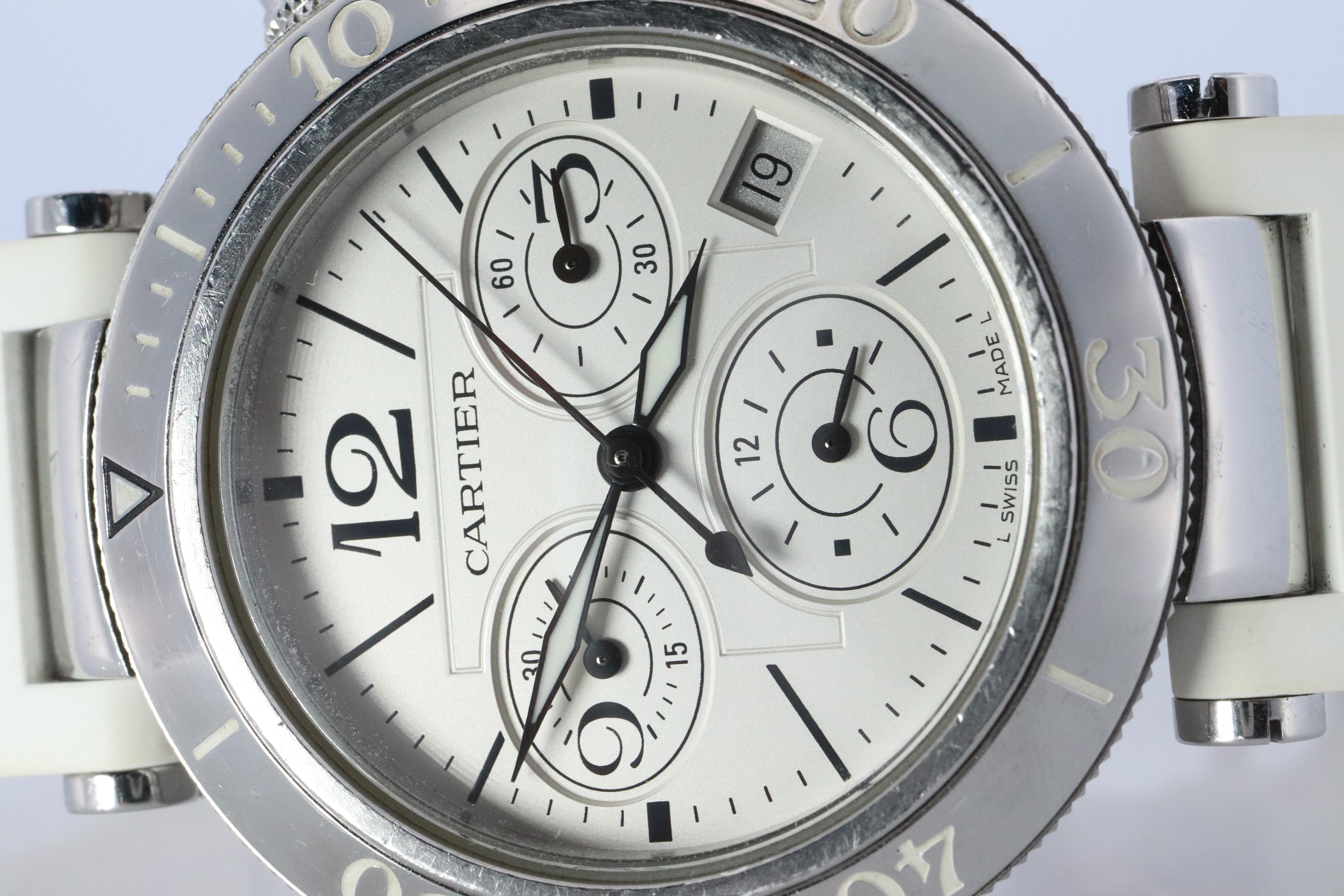 De los hombres Vintage Cartier PASHA 38mm 3129 Cronógrafo. Rara esfera blanca W3140004. en venta