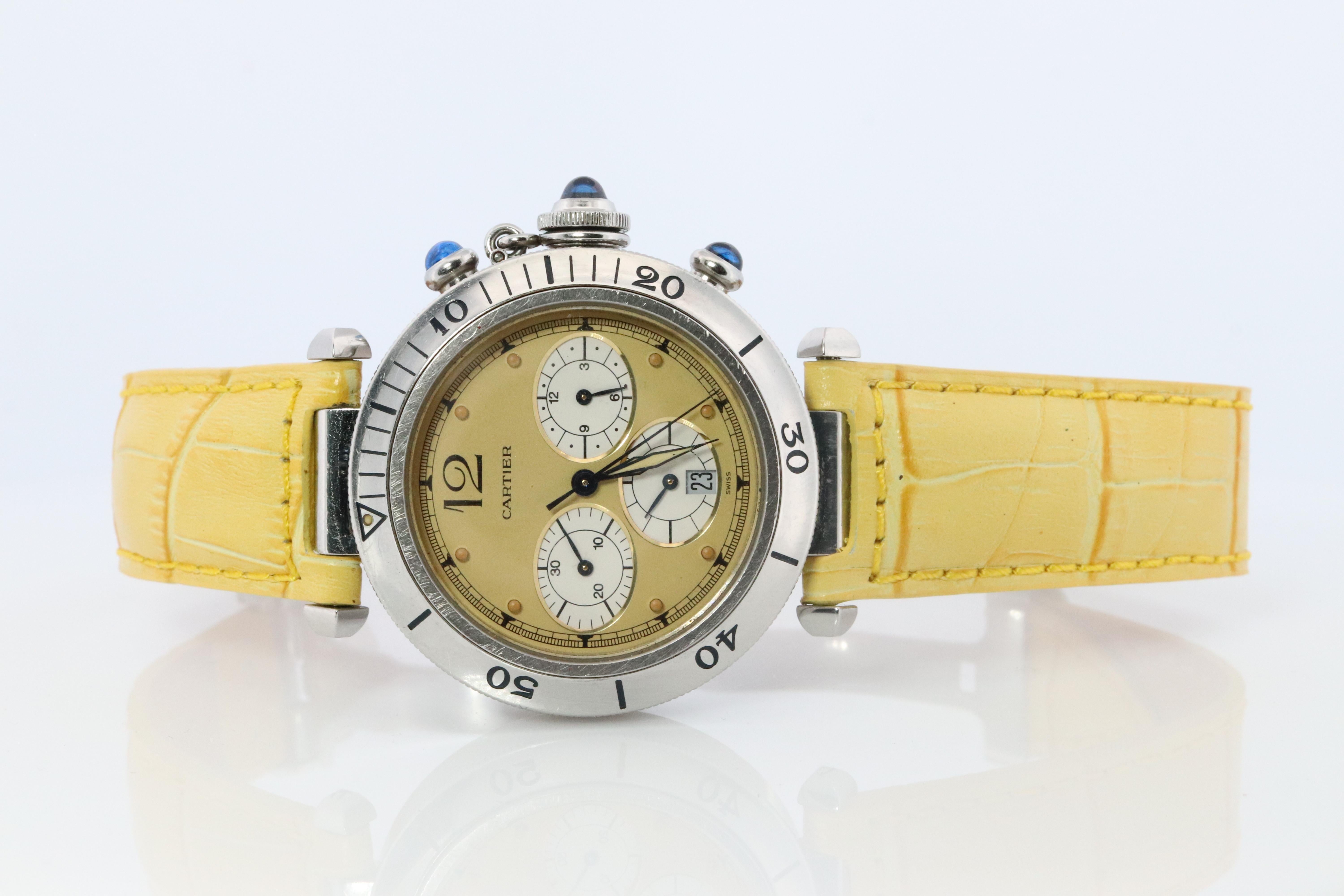 Reloj Cartier auténtico.

Cartier Pasha Cronógrafo

W3100355

Rara esfera amarilla.
Caja de 38 mm.

Movimiento de cuarzo.

Estado: Correa de piel amarilla nueva sin marca.

Solicita más detalles, fotos o vídeos.