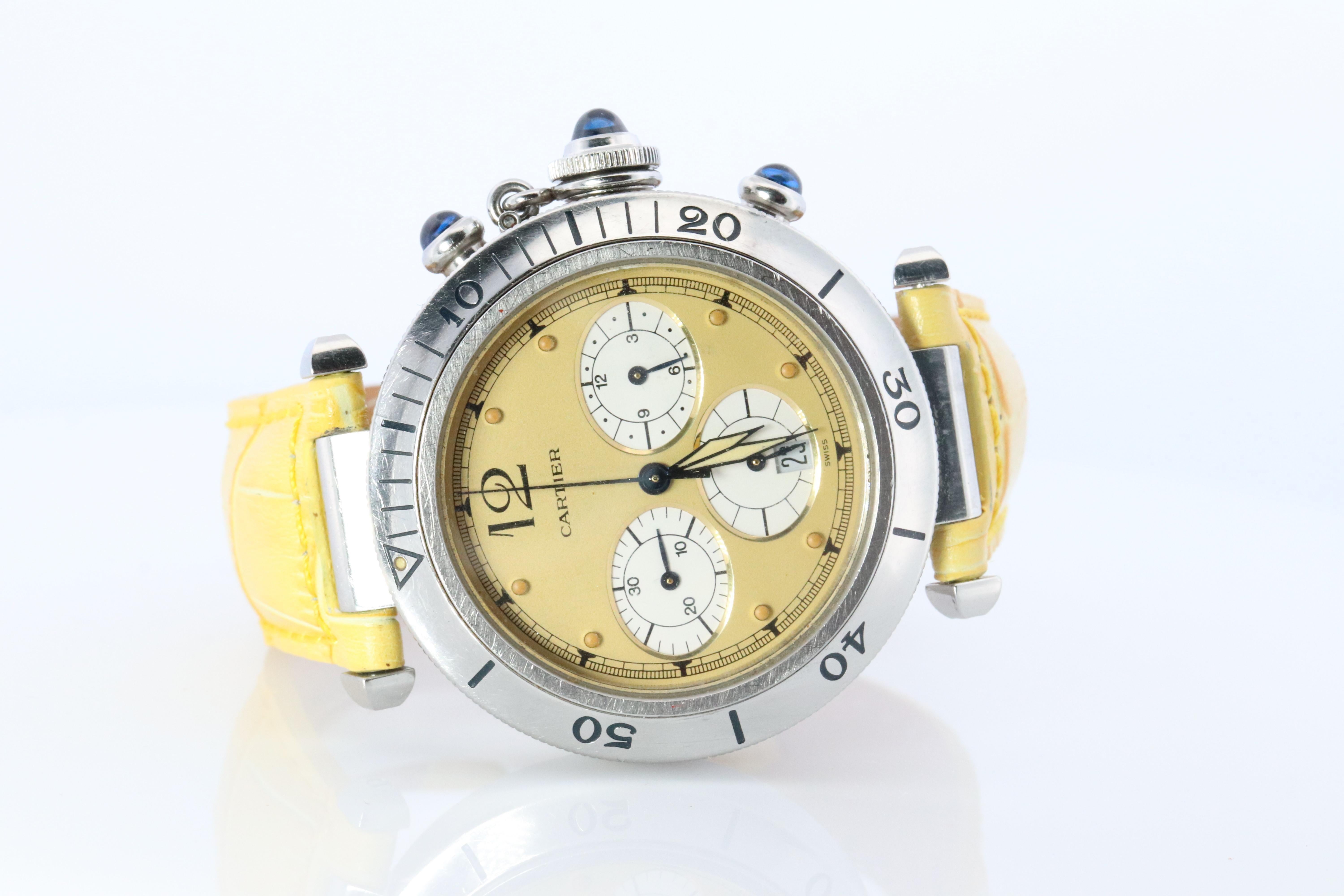 Vintage Cartier PASHA Cronógrafo 38mm. Rara esfera amarilla W3100355. en Bueno estado para la venta en Port Charlotte, FL