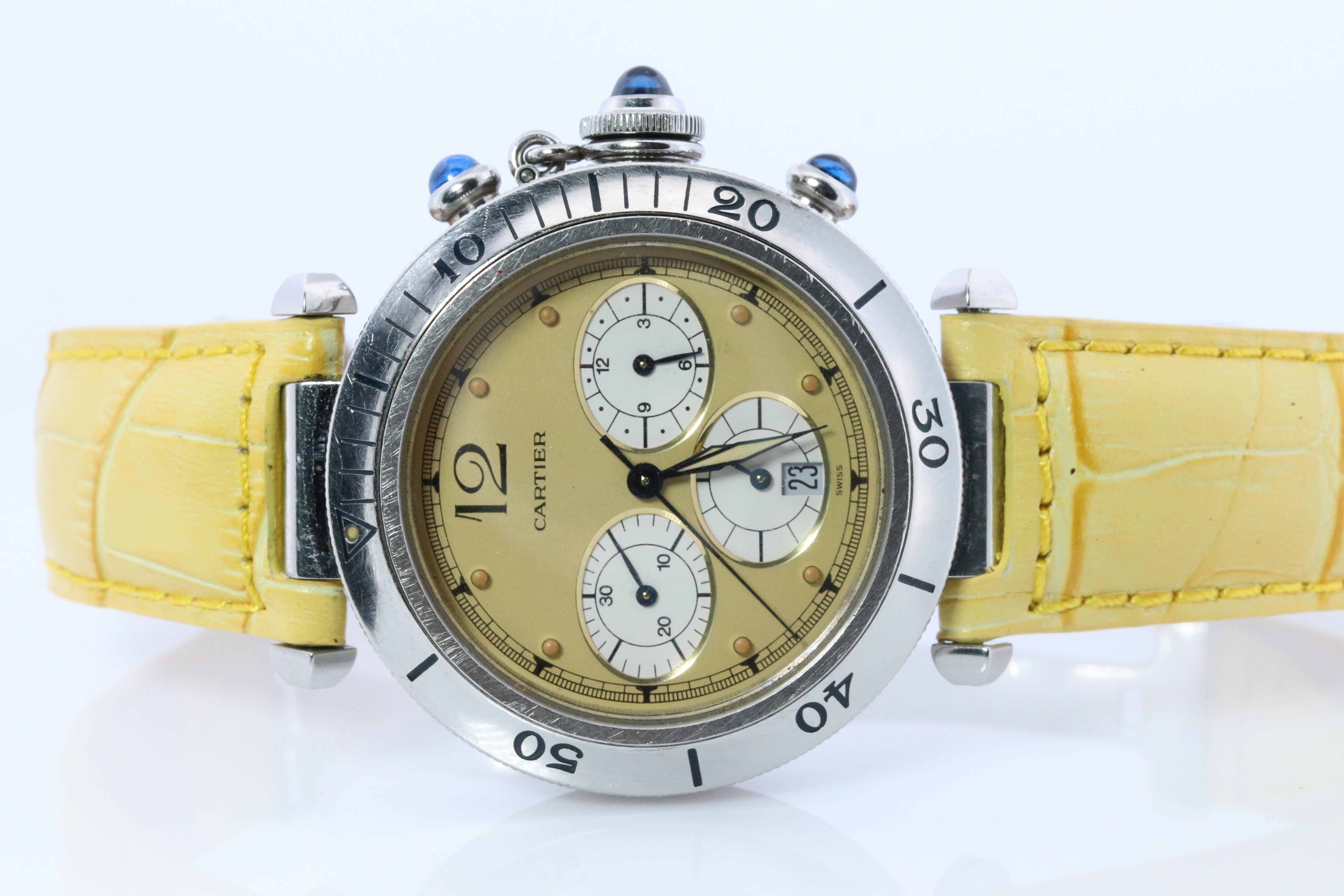 Vintage Cartier PASHA Cronógrafo 38mm. Rara esfera amarilla W3100355. en venta 1