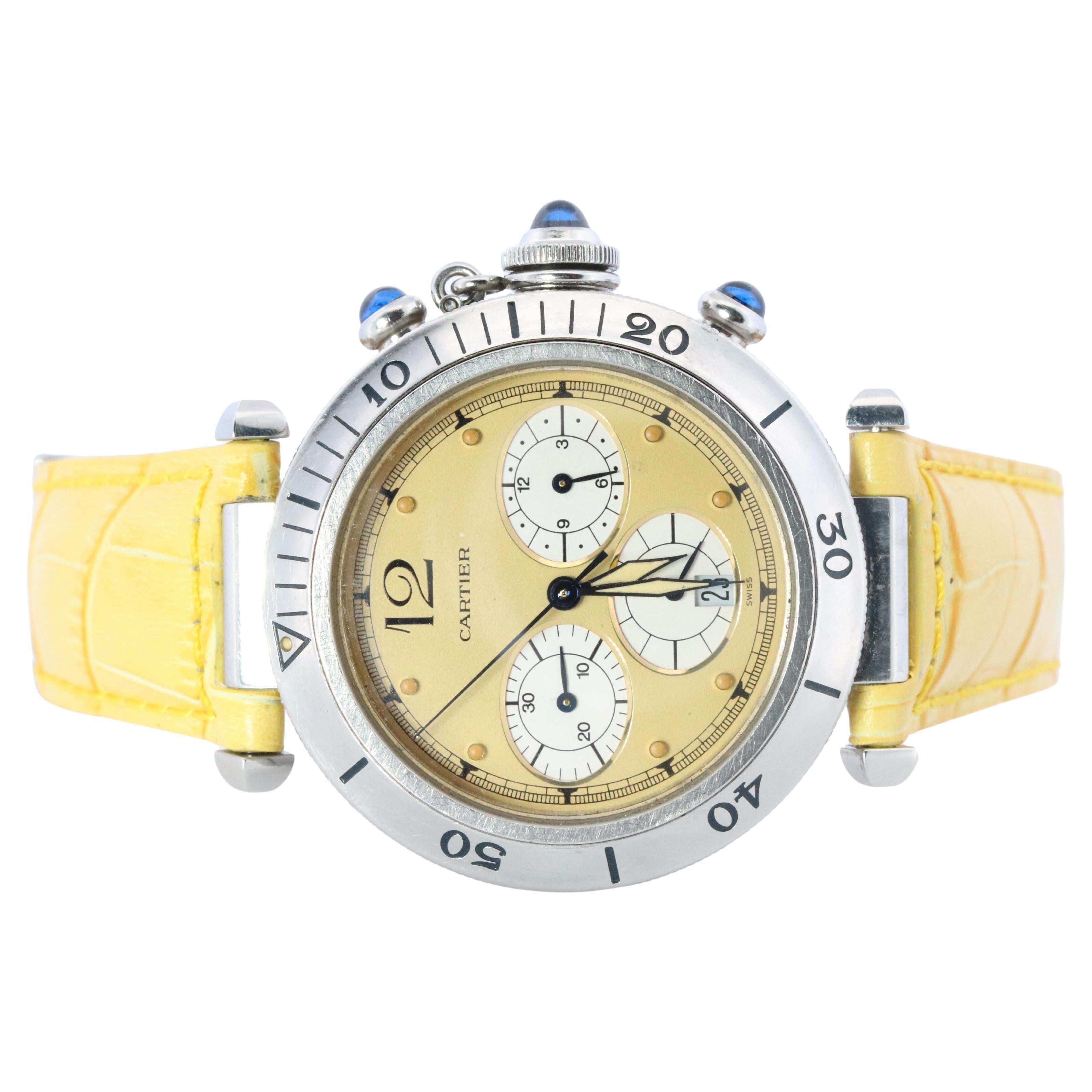 Vintage Cartier PASHA 38mm Chronograph. Seltenes gelbes Zifferblatt W3100355.