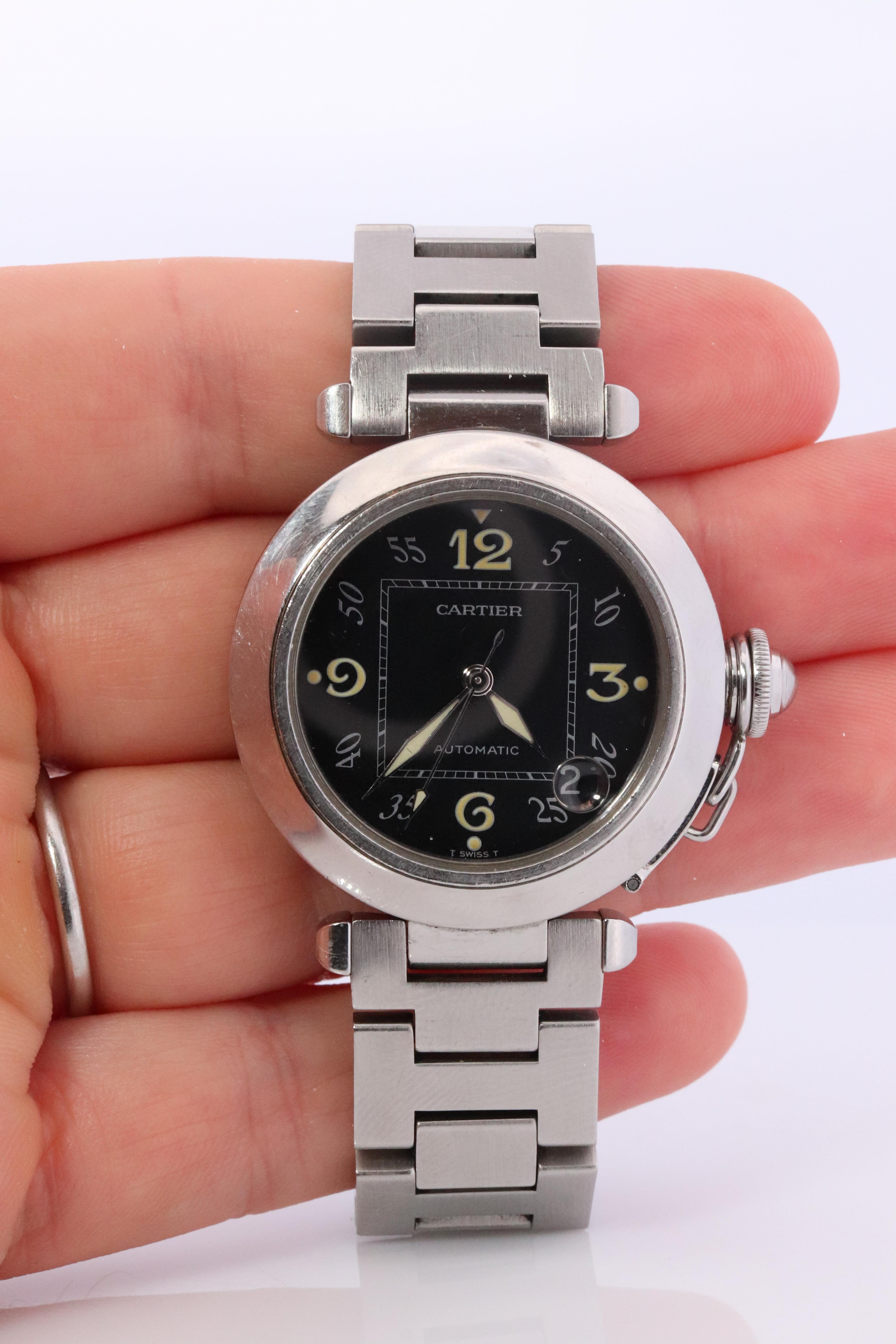 Vintage Cartier PASHA C Automatic 2324. Rare Black Dial W31043M7. In Good Condition For Sale In Port Charlotte, FL