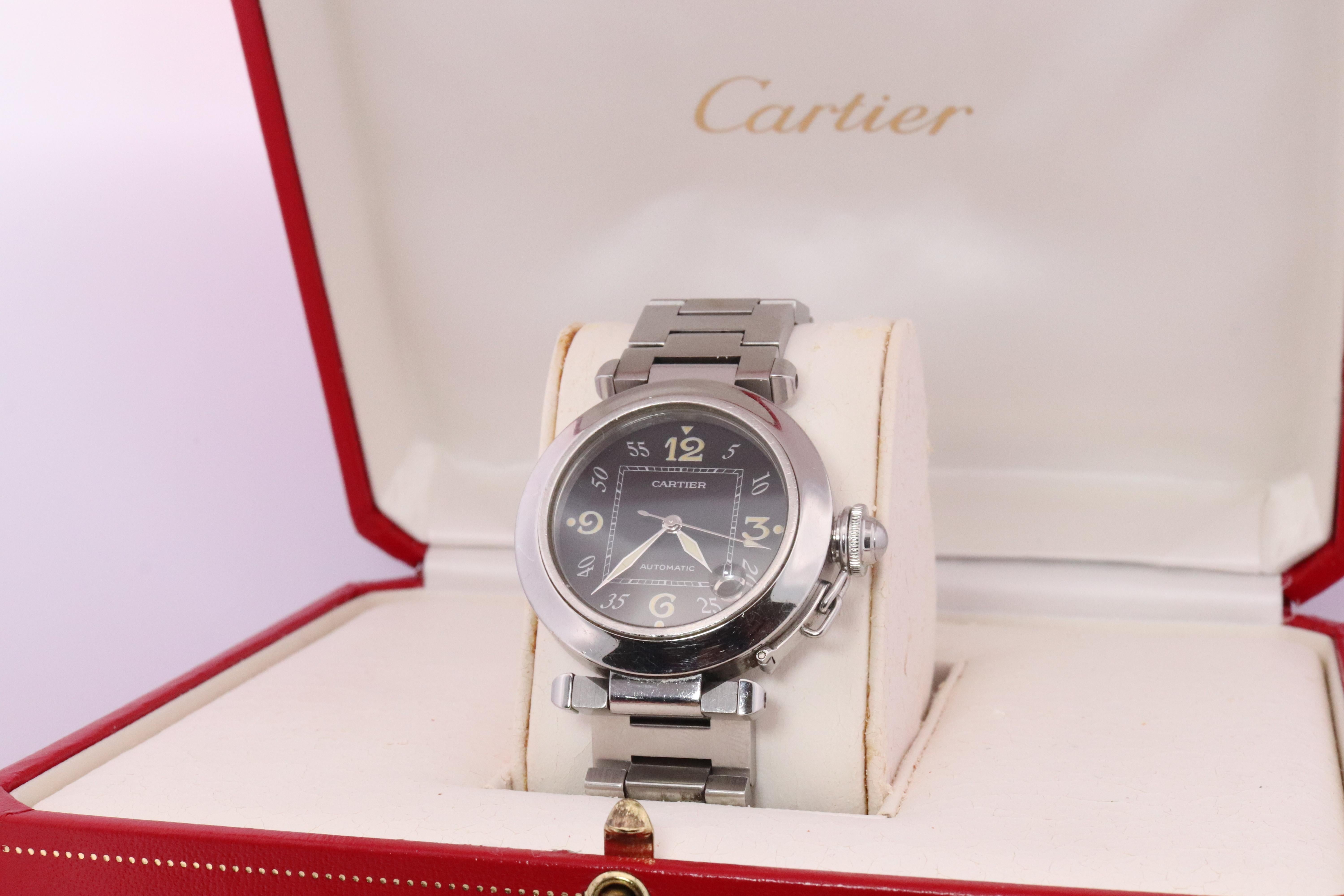 Women's or Men's Vintage Cartier PASHA C Automatic 2324. Rare Black Dial W31043M7. For Sale