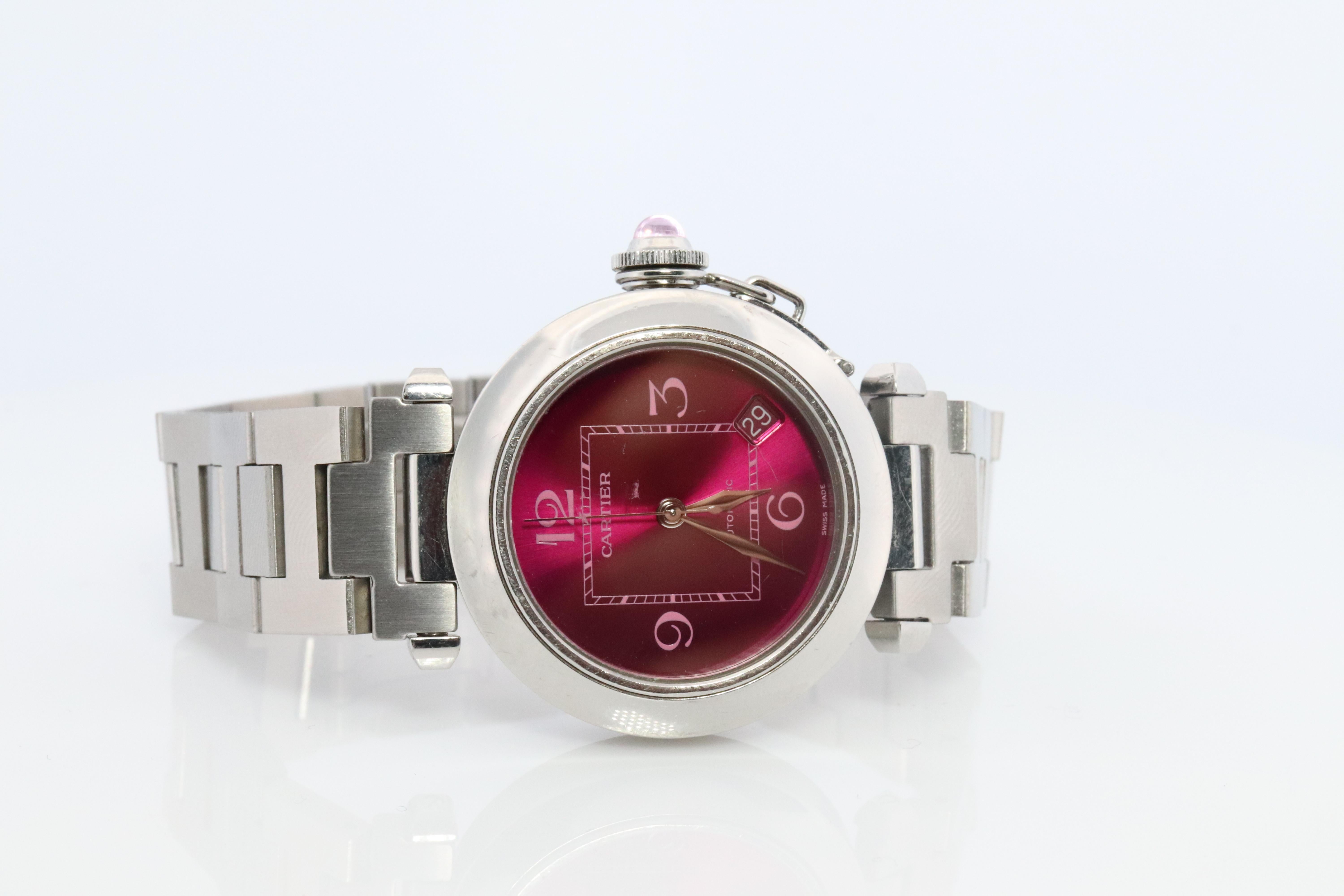 Women's Vintage Cartier PASHA C Automatic 2324. Rare RED Cherry Bordeaux Dial. For Sale