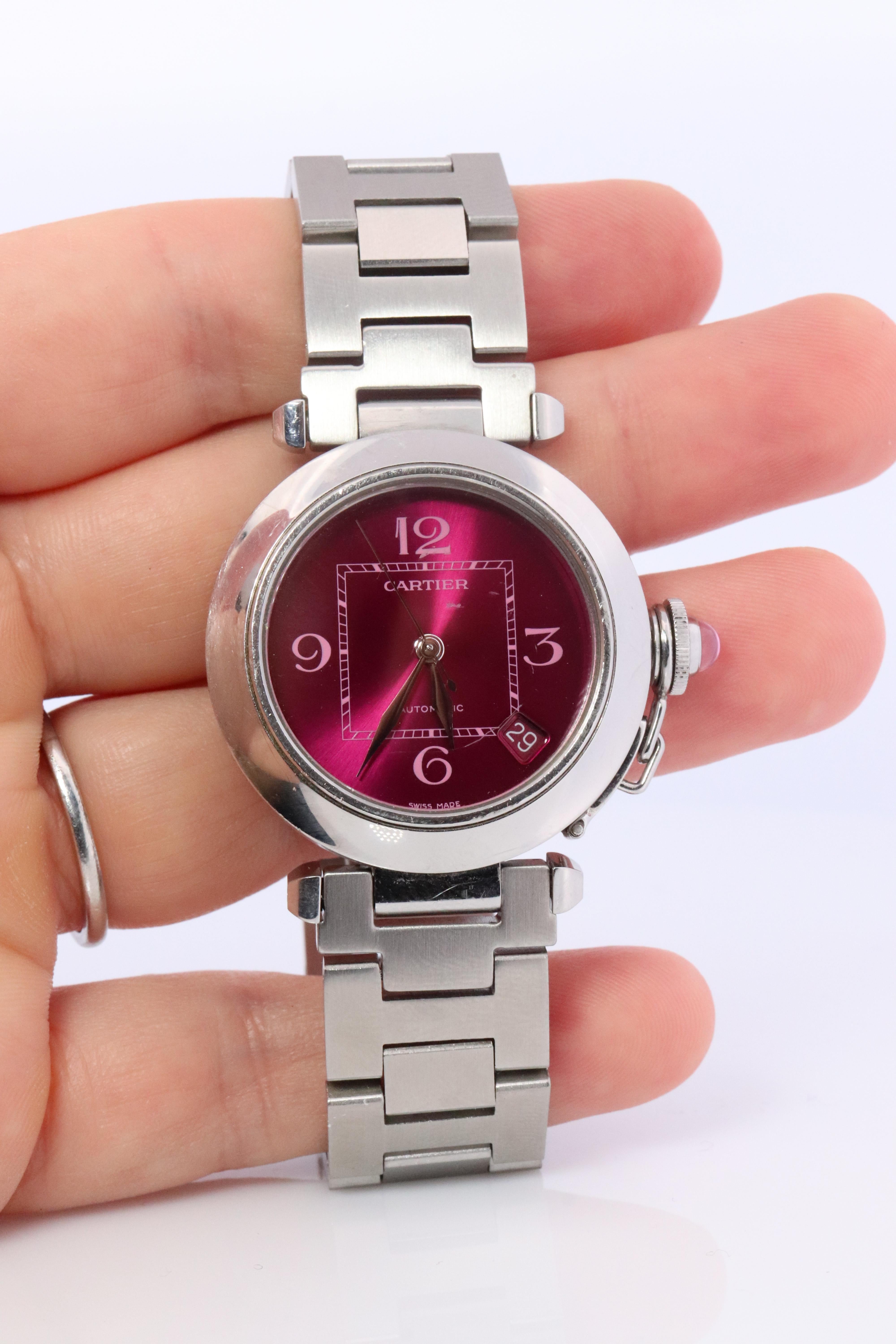 Vintage Cartier PASHA C Automatic 2324. Rare RED Cherry Bordeaux Dial. For Sale 4