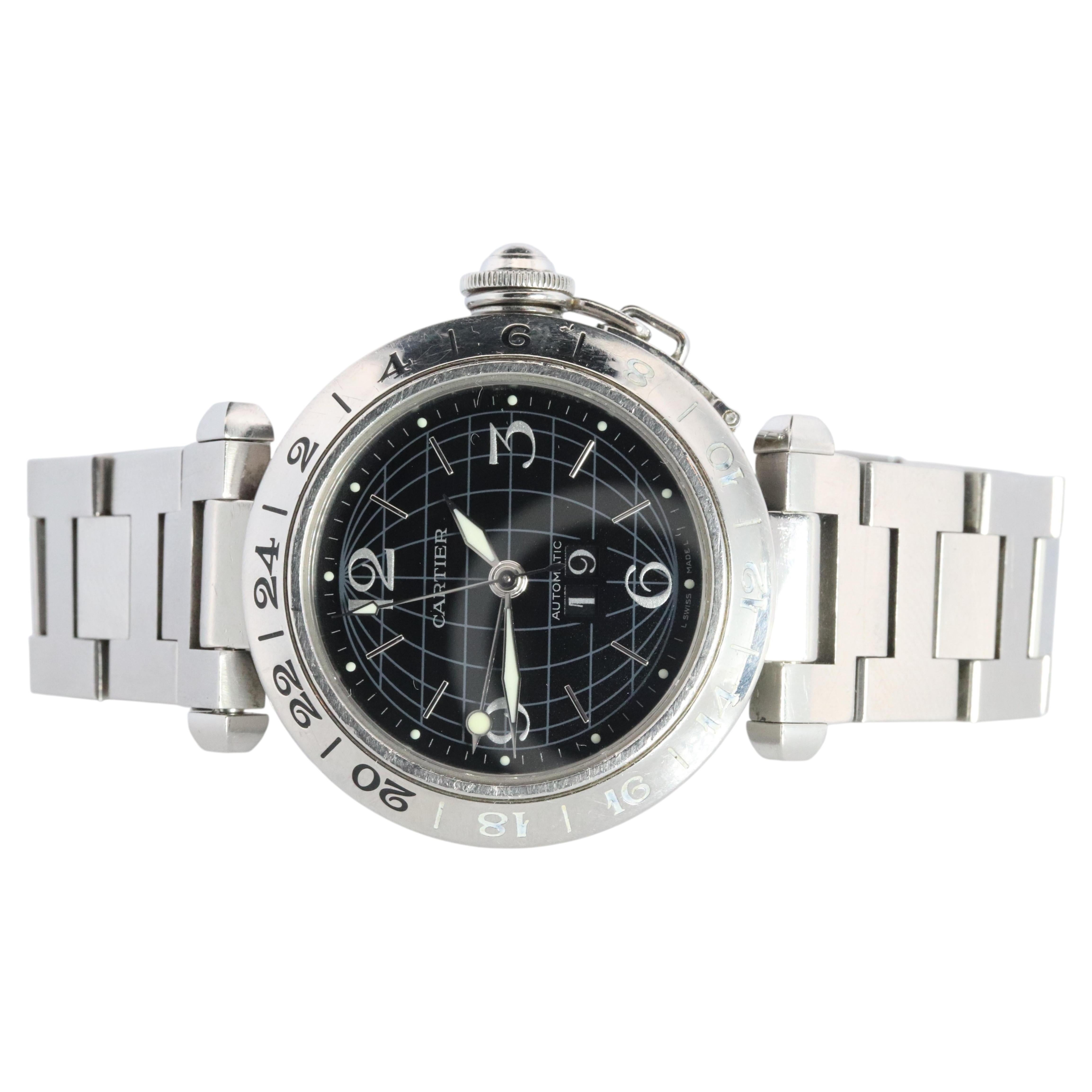 Vintage Cartier PASHA GMT Meridian 2550. W31049M7 Esfera Negra Rara.