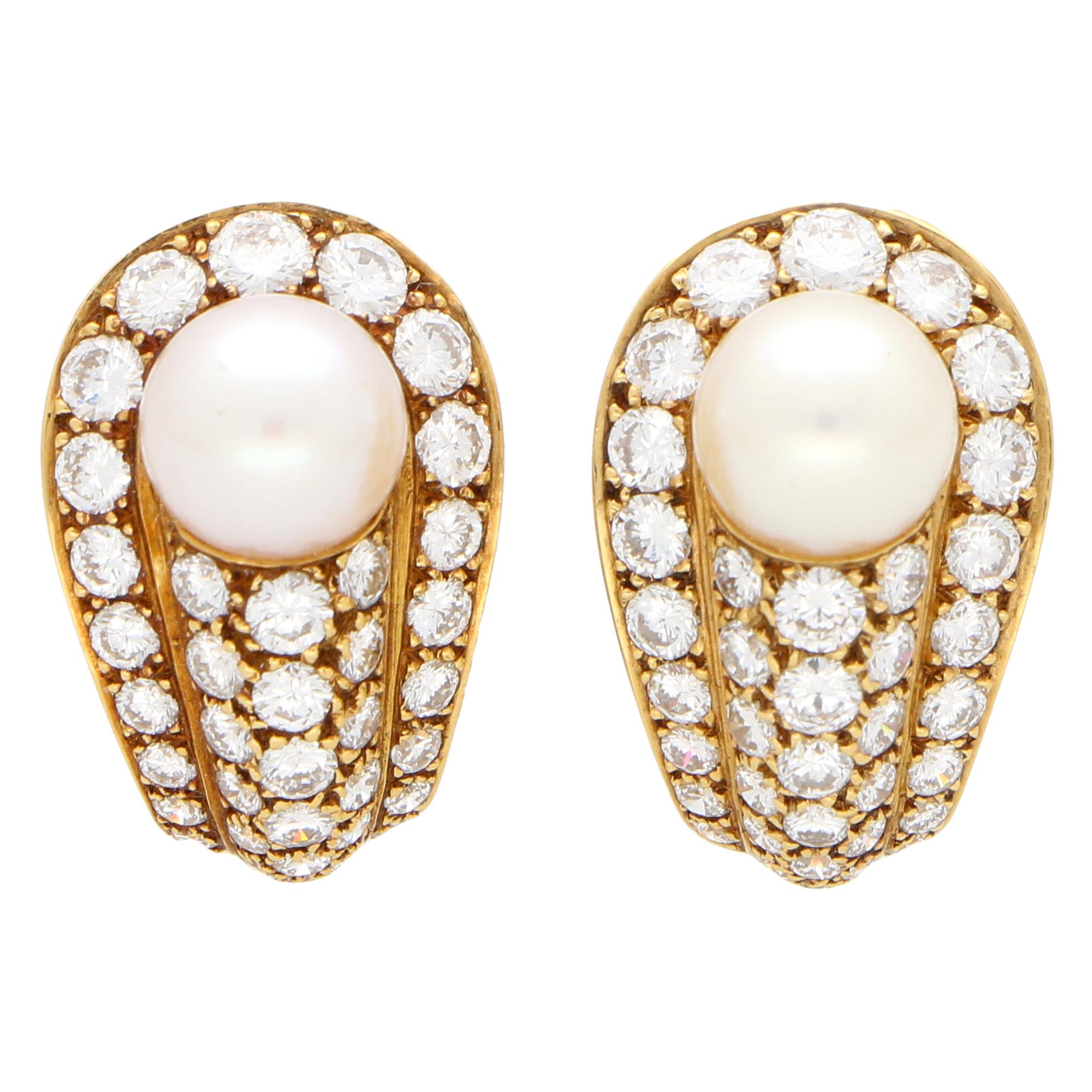 Vintage Cartier Pearl and Diamond Earrings Set in 18 Karat Yellow Gold