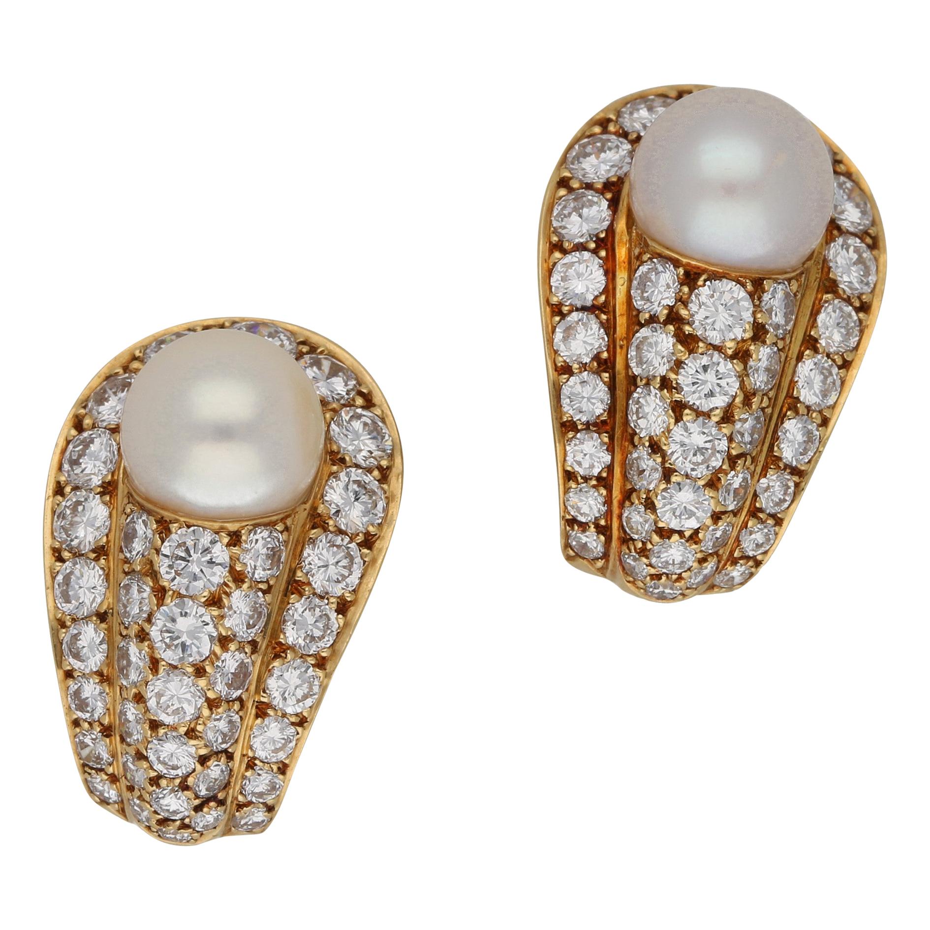 Cartier Pearl and Diamond Clip On Earrings Set in 18k Yellow Gold For