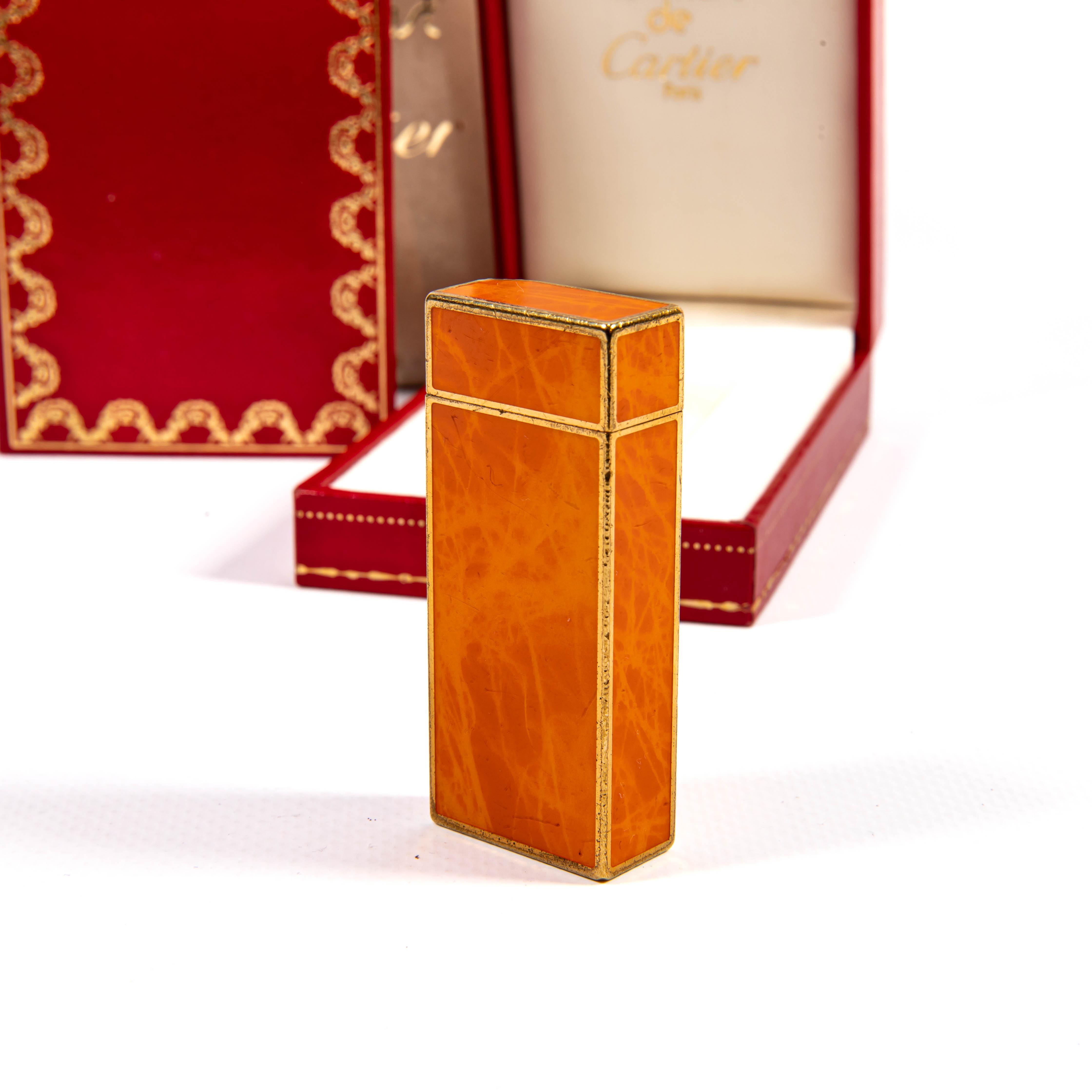 Vintage CARTIER Pentagone Mini Briquet Orange Marbre Laqué dans Boîte 1980 en vente 1