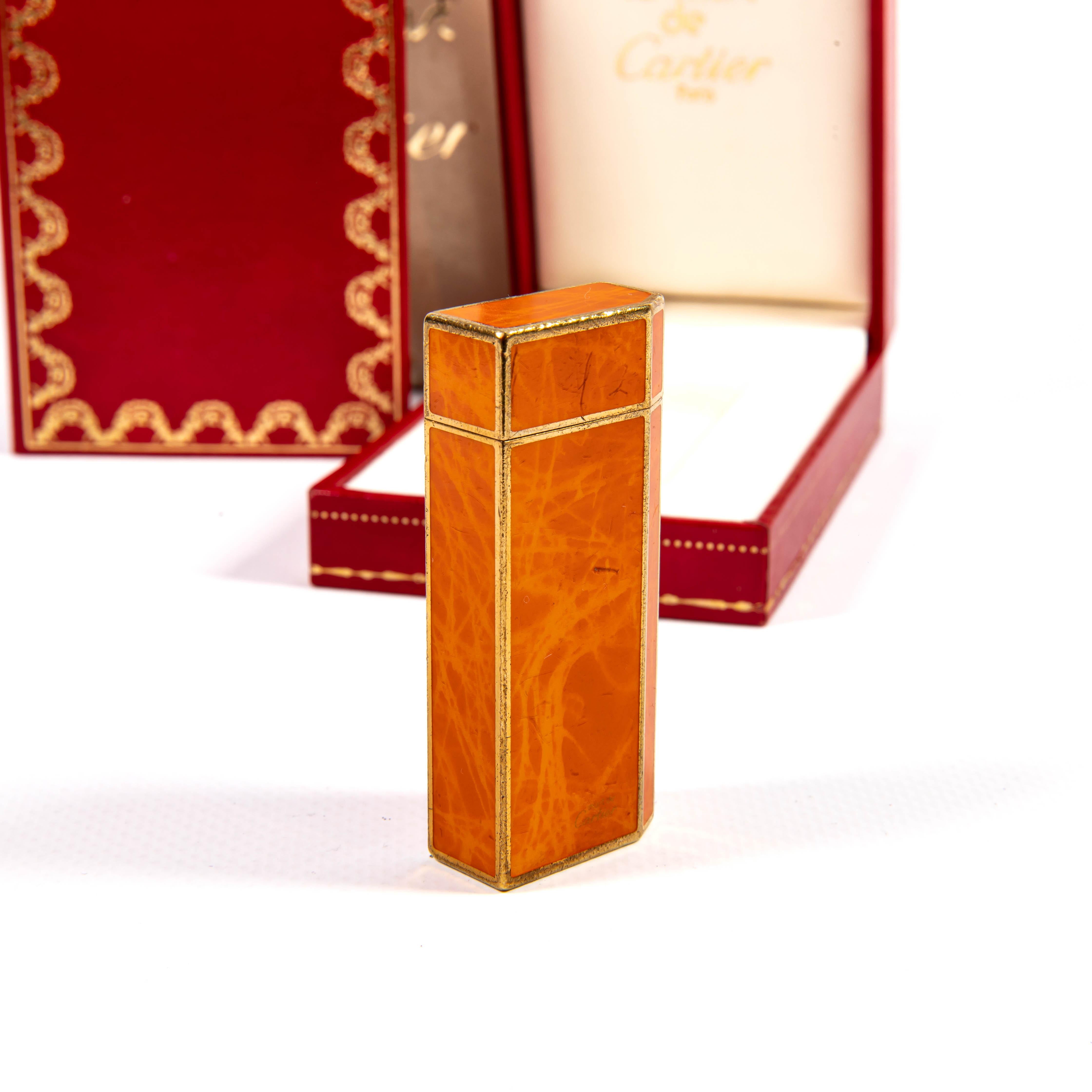 Vintage CARTIER Pentagone Mini Briquet Orange Marbre Laqué dans Boîte 1980 en vente 2