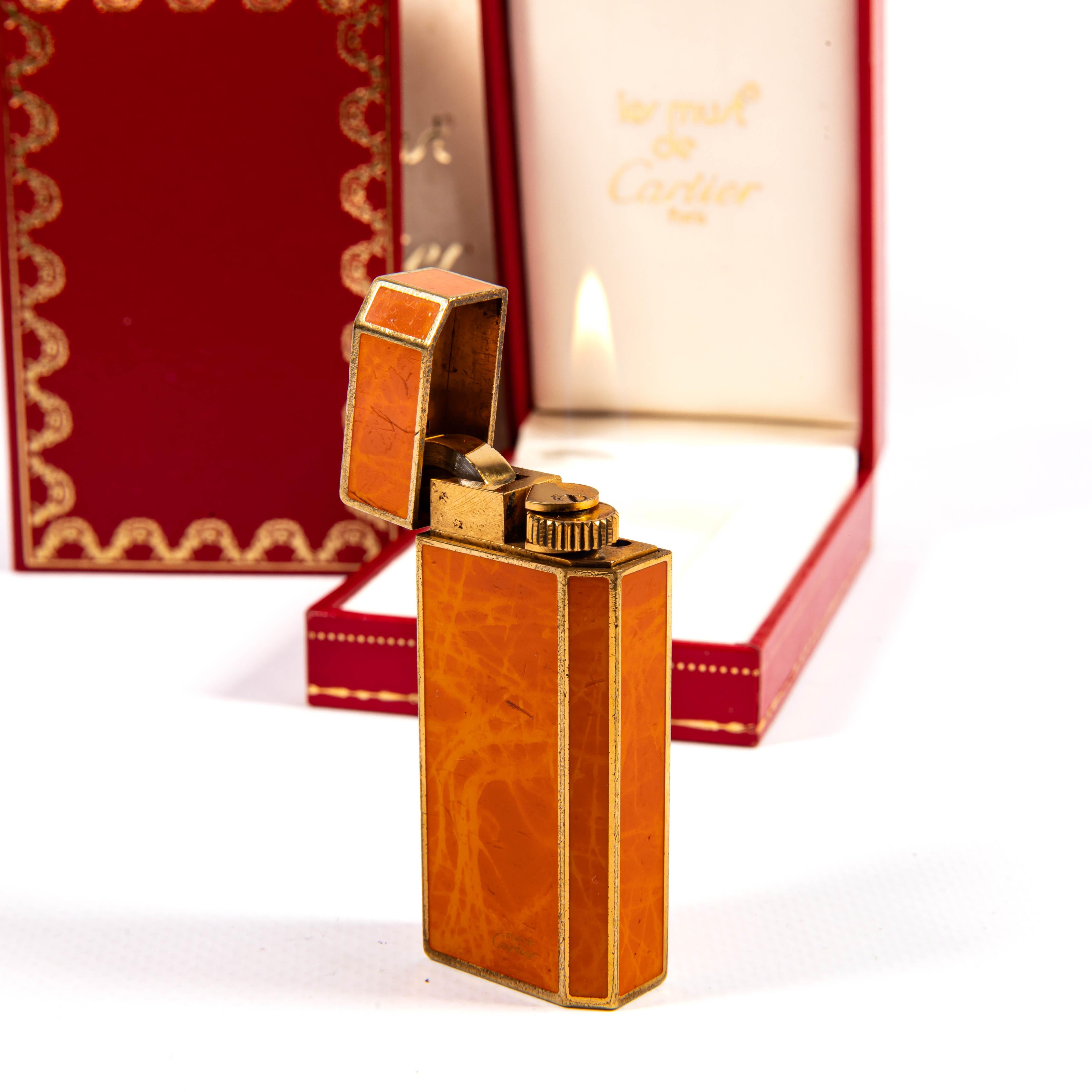 Vintage CARTIER Pentagone Mini Briquet Orange Marbre Laqué dans Boîte 1980 en vente 3