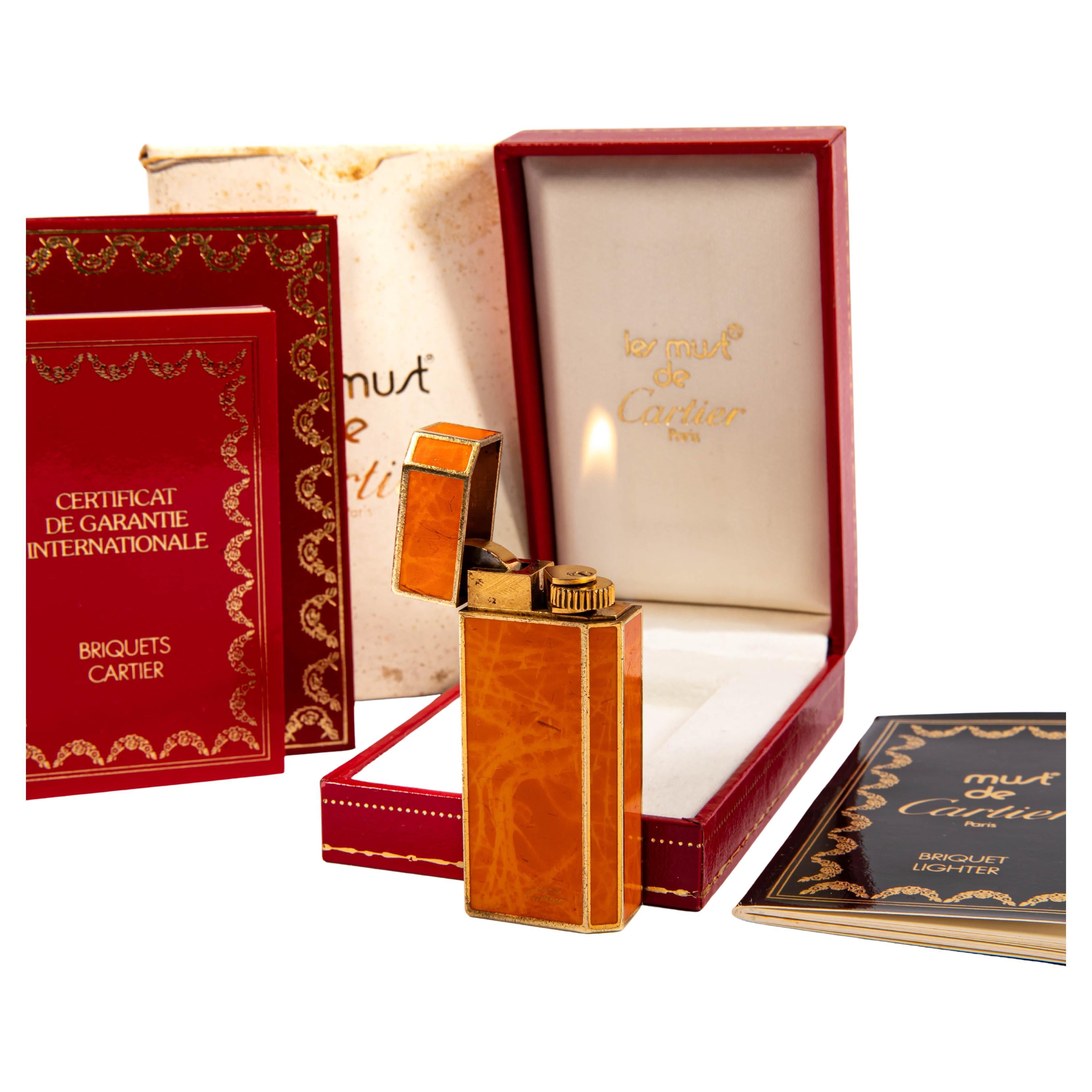 Vintage CARTIER Pentagone Mini Briquet Orange Marbre Laqué dans Boîte 1980 en vente