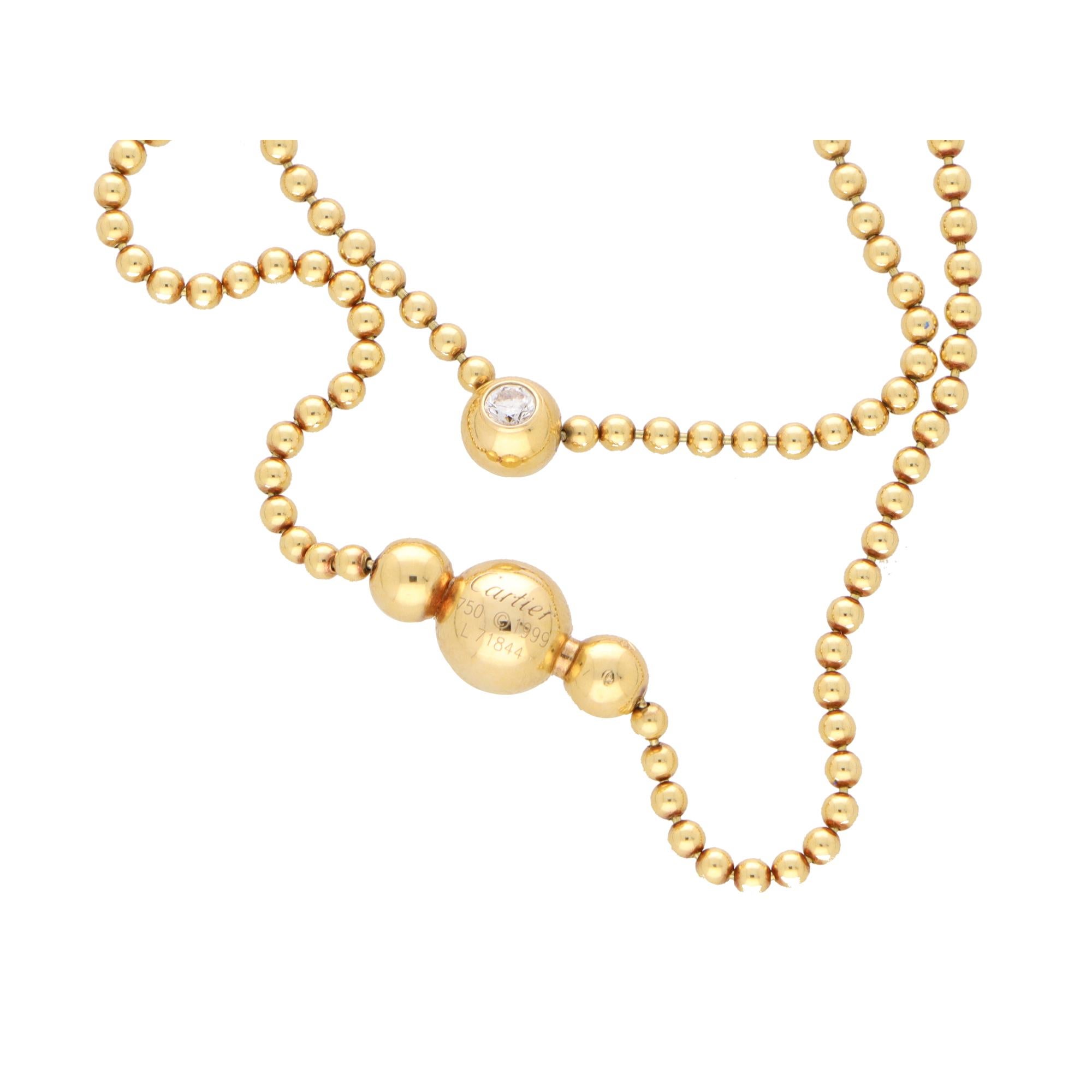  A beautiful vintage Cartier 'Perles De Diamant' solitaire pendant necklace set in 18k yellow.

From the now discontinued 'Perles De Diamant' collection the necklace is predominantly composed of a 0.18 carat diamond, rub over set this bubble/pearl