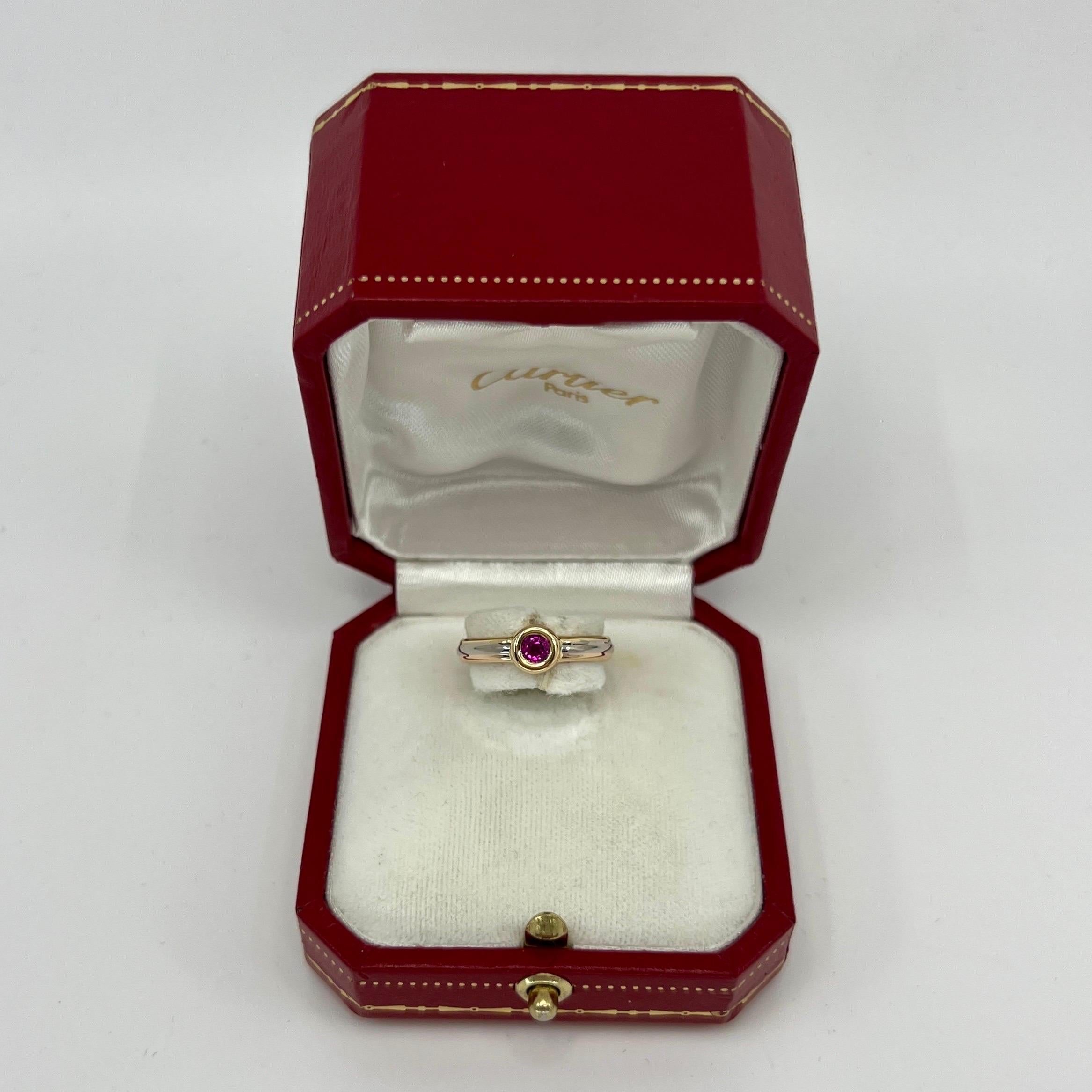Vintage Cartier Rosa Rojo Redondo Rubí 18k Tricolor Oro Multitono Anillo Solitario 7