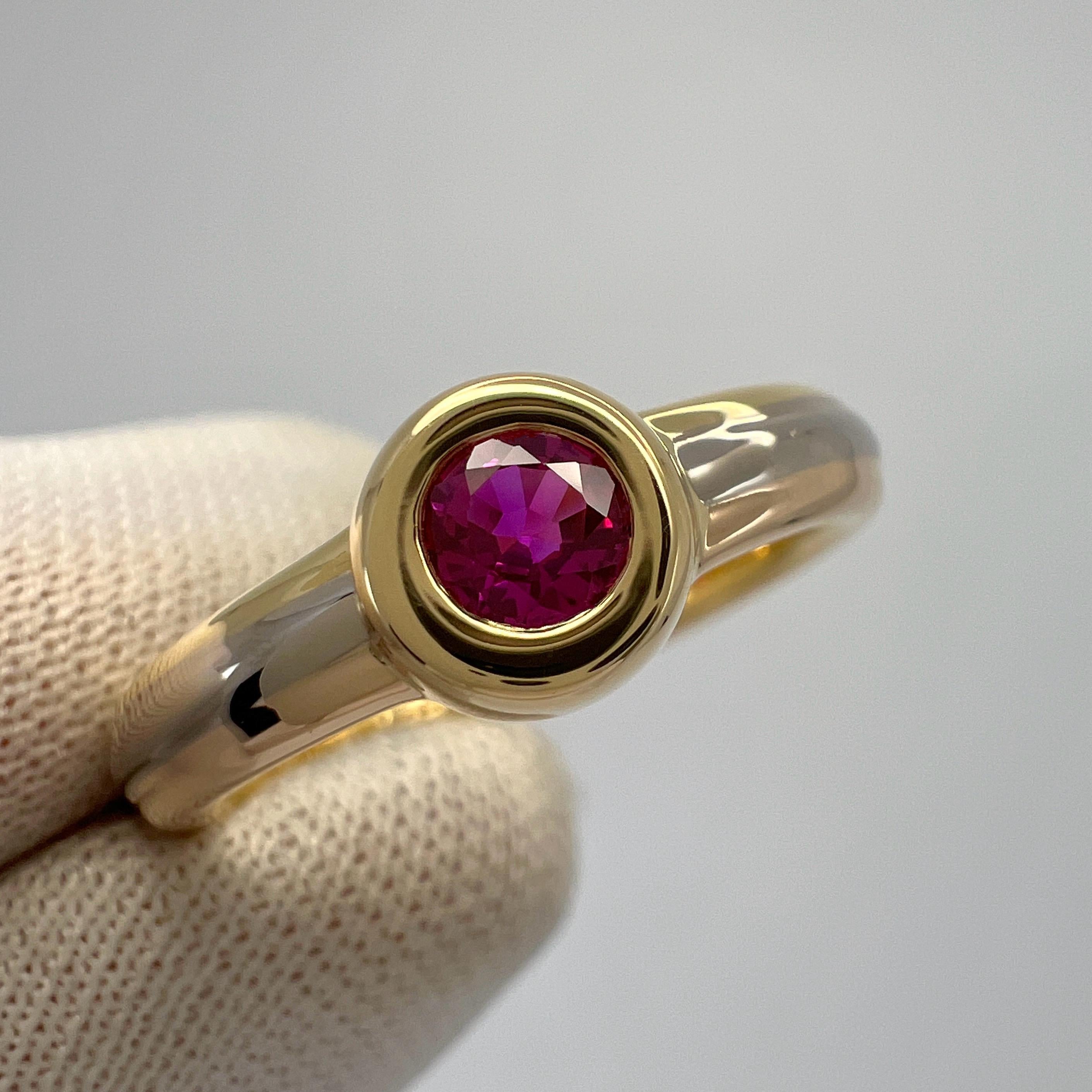 Vintage Cartier Rosa Rojo Redondo Rubí 18k Tricolor Oro Multitono Anillo Solitario Corte redondo