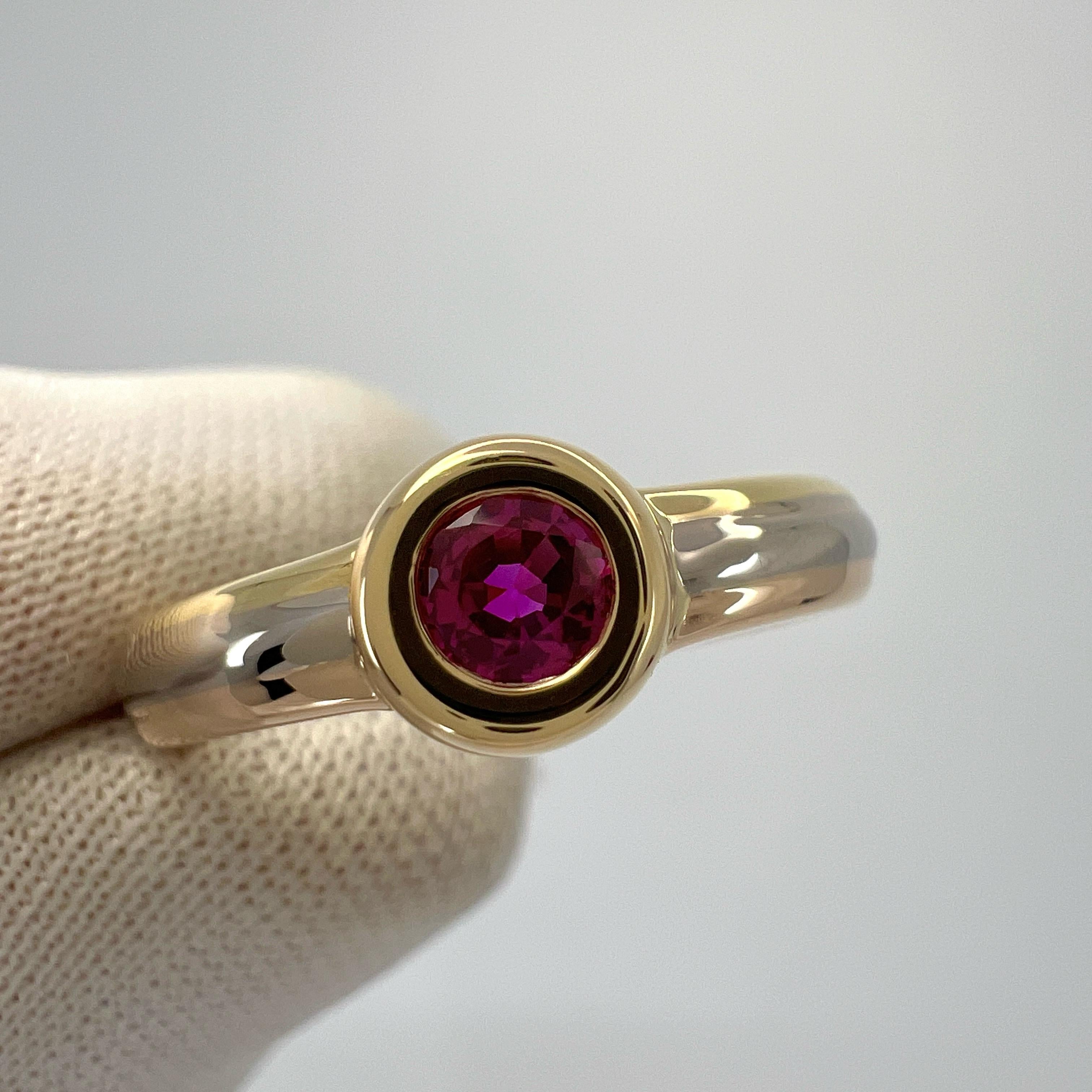 Vintage Cartier Rosa Rojo Redondo Rubí 18k Tricolor Oro Multitono Anillo Solitario 1