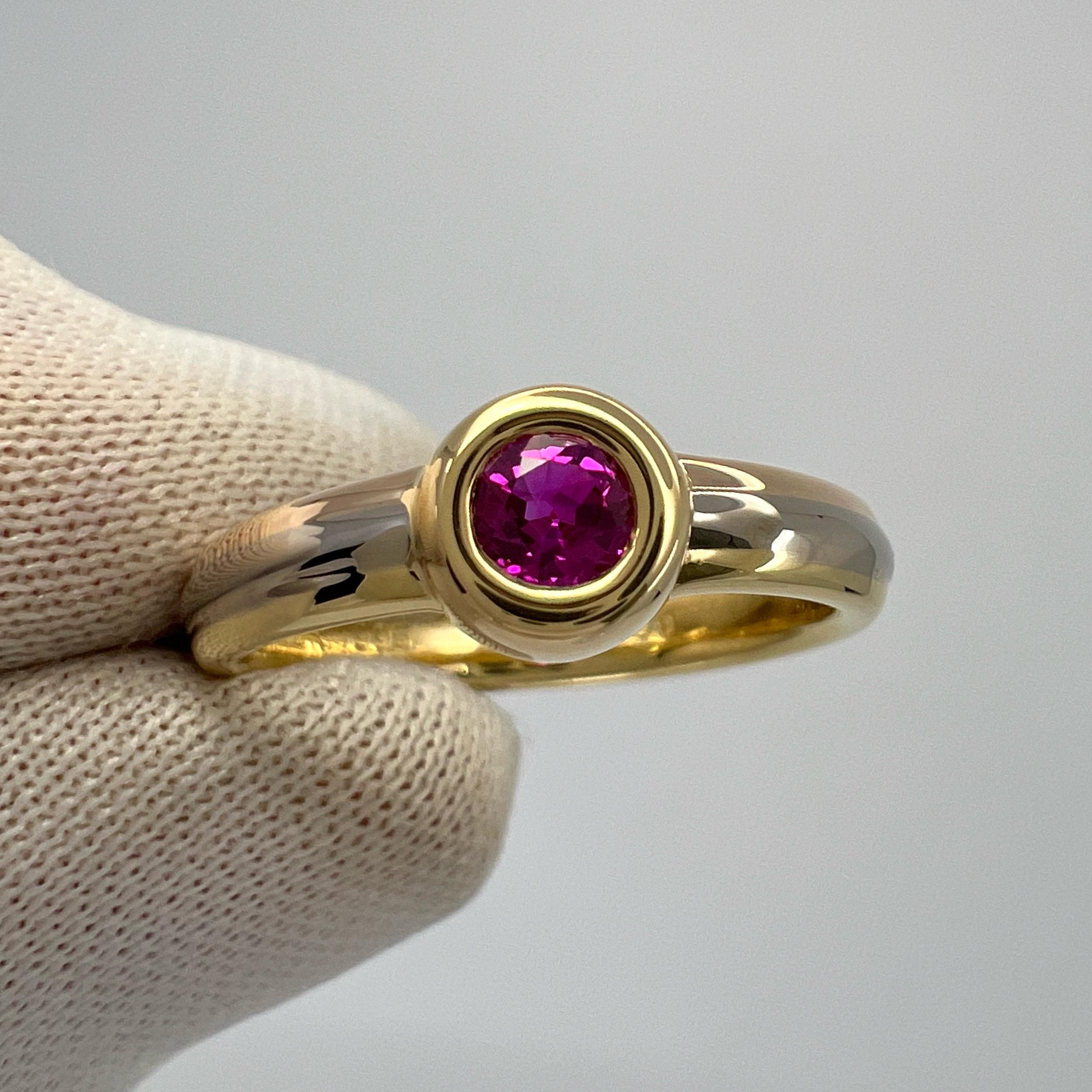 Vintage Cartier Rosa Rojo Redondo Rubí 18k Tricolor Oro Multitono Anillo Solitario 3