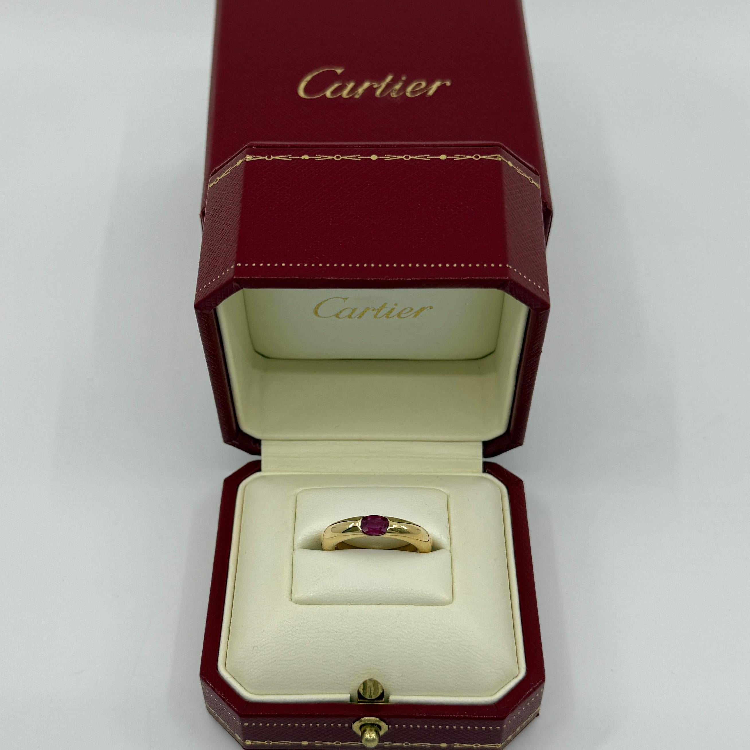 Vintage Cartier Vivid Red Ruby 18k Yellow Gold Solitaire Band Ring.

Stunning yellow gold ring set with a vivid red ruby. Fine jewellery houses like Cartier only use the finest of gemstones and this ruby is no exception. An excellent quality ruby