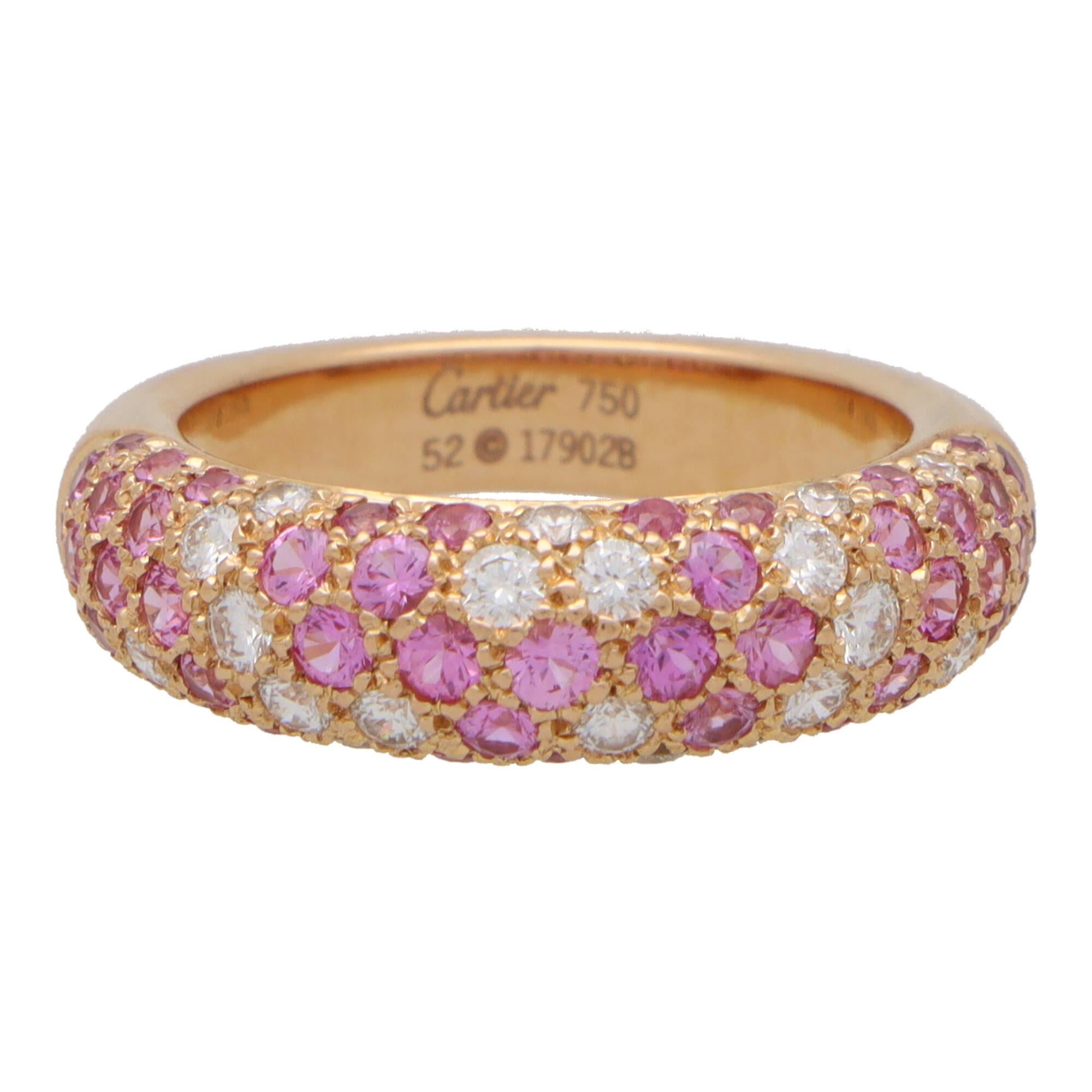 Round Cut Vintage Cartier Pink Sapphire and Diamond Mimi Ring in 18k Rose Gold