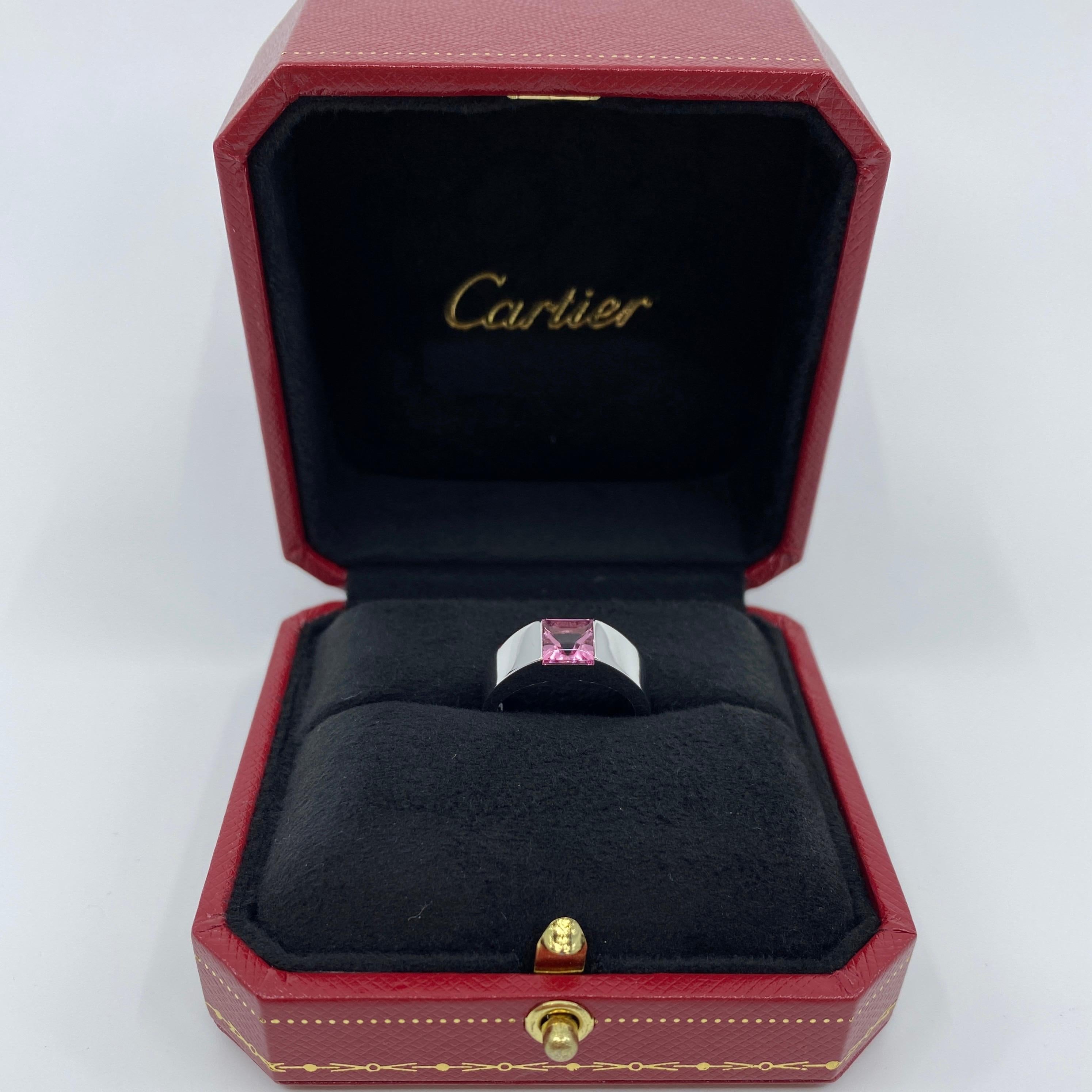 Square Cut Vintage Cartier Pink Tourmaline 18 Karat White Gold Tank Band Ring