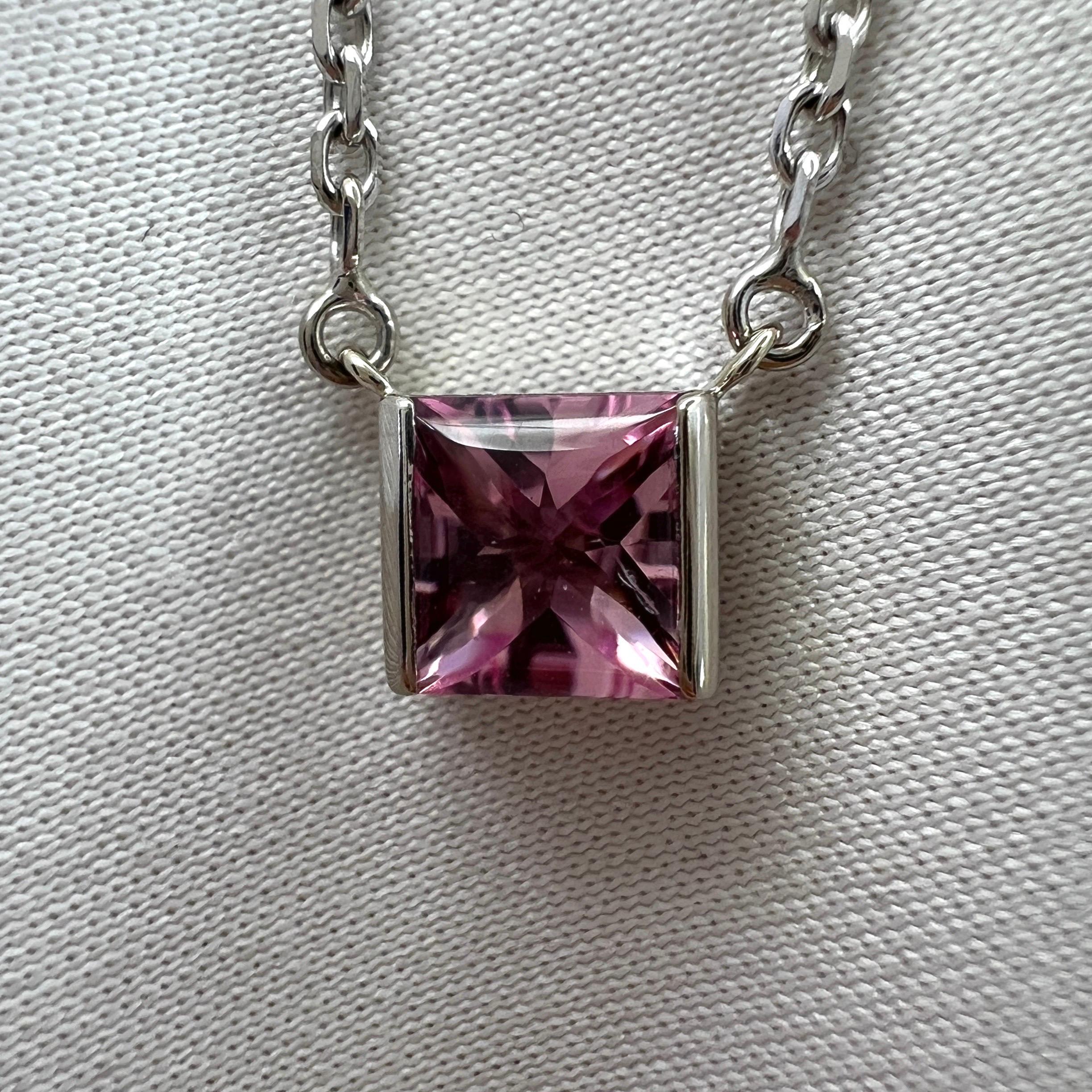 Vintage Cartier Pink Tourmaline Cushion Cut 18k White Gold Tank Pendant Necklace In Good Condition For Sale In Birmingham, GB