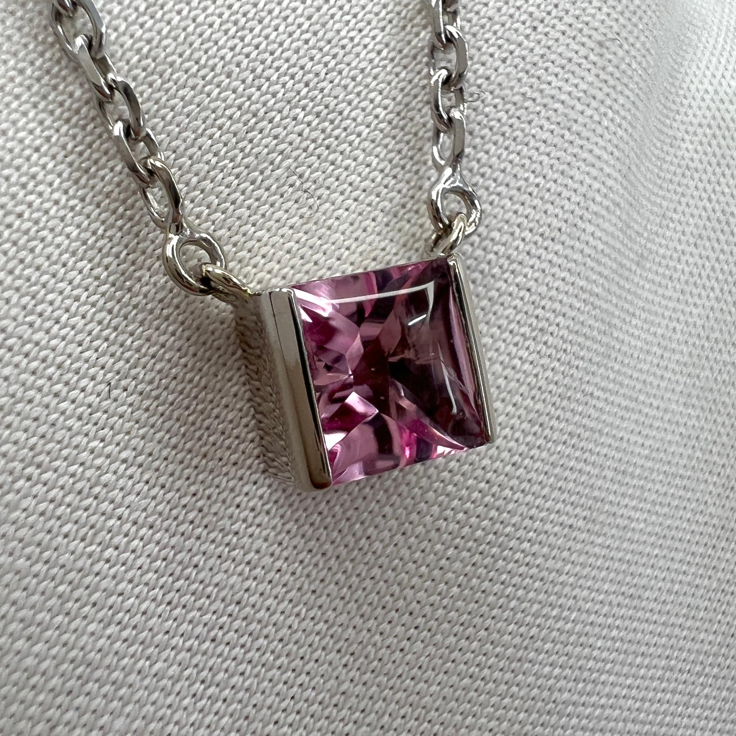 Women's or Men's Vintage Cartier Pink Tourmaline Cushion Cut 18k White Gold Tank Pendant Necklace