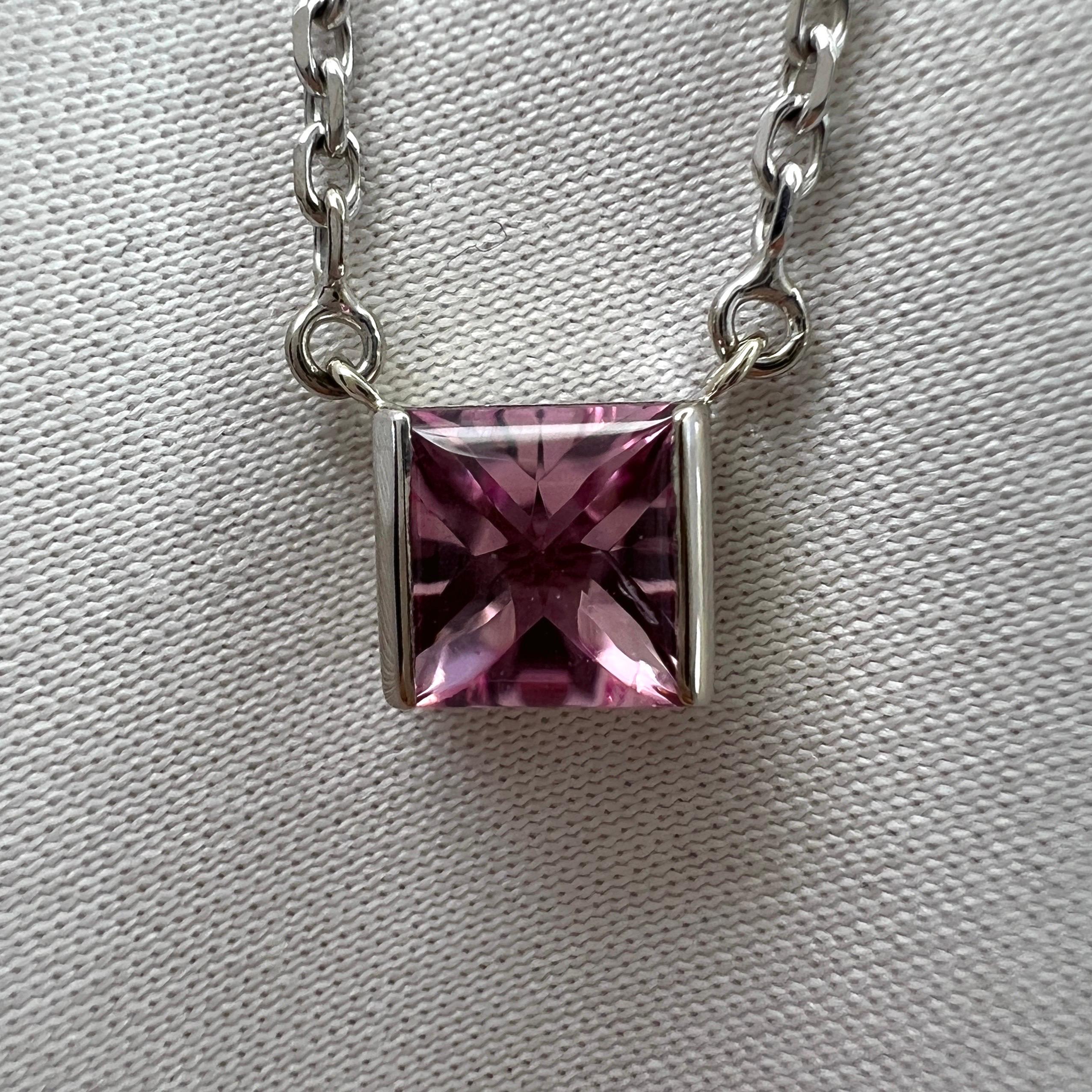 Vintage Cartier Pink Tourmaline Cushion Cut 18k White Gold Tank Pendant Necklace 1